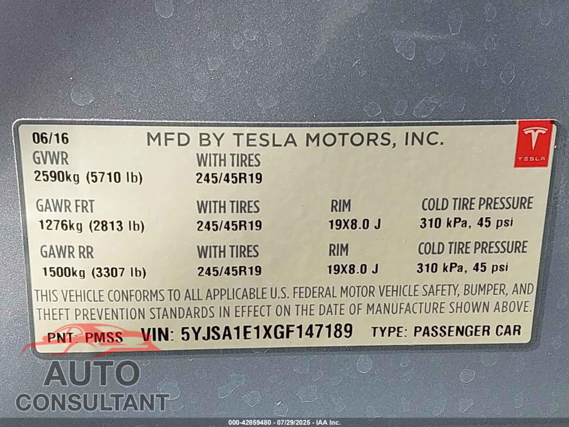 TESLA MODEL S 2016 - 5YJSA1E1XGF147189
