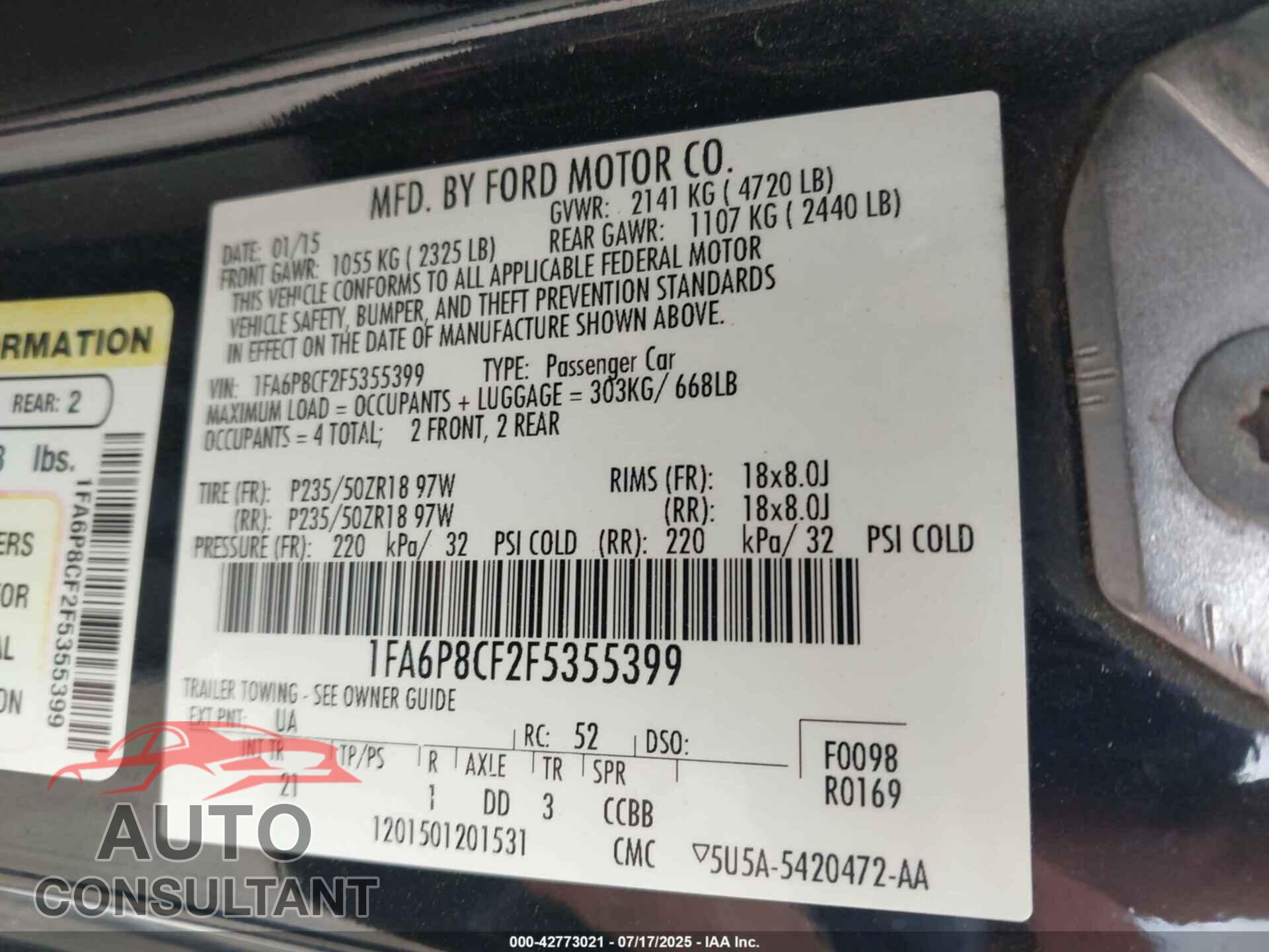 FORD MUSTANG 2015 - 1FA6P8CF2F5355399