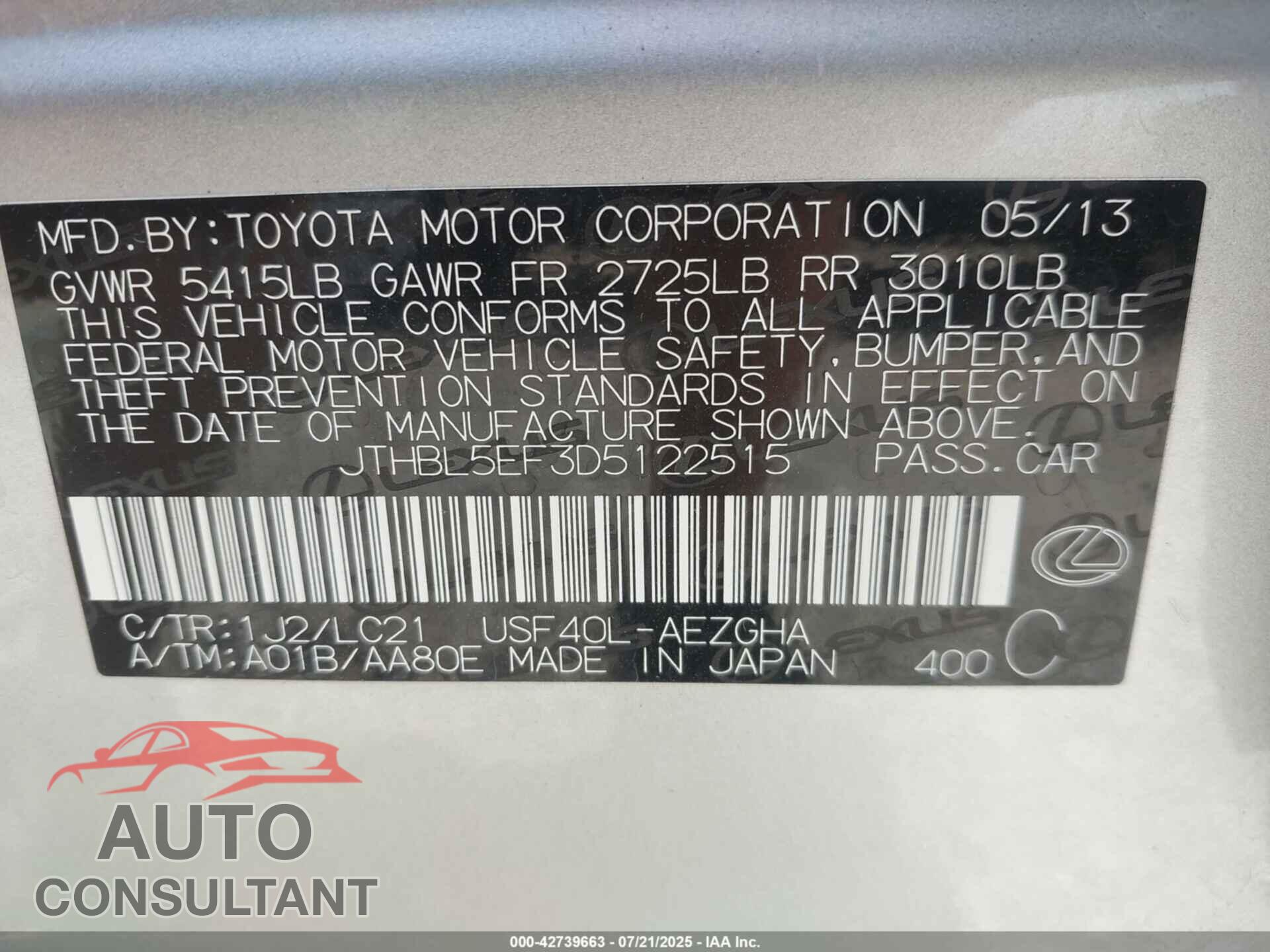 LEXUS LS 460 2013 - JTHBL5EF3D5122515