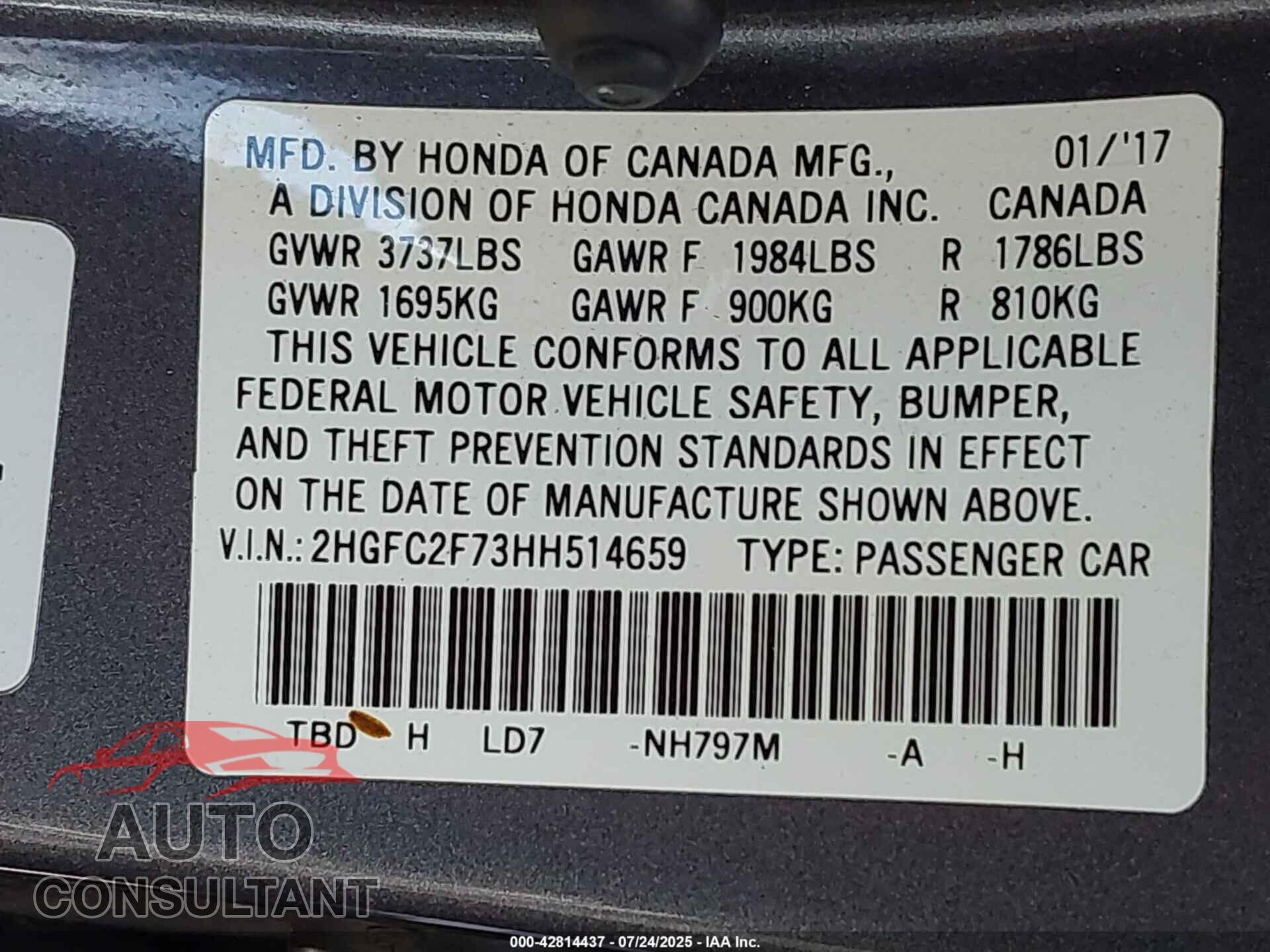 HONDA CIVIC 2017 - 2HGFC2F73HH514659