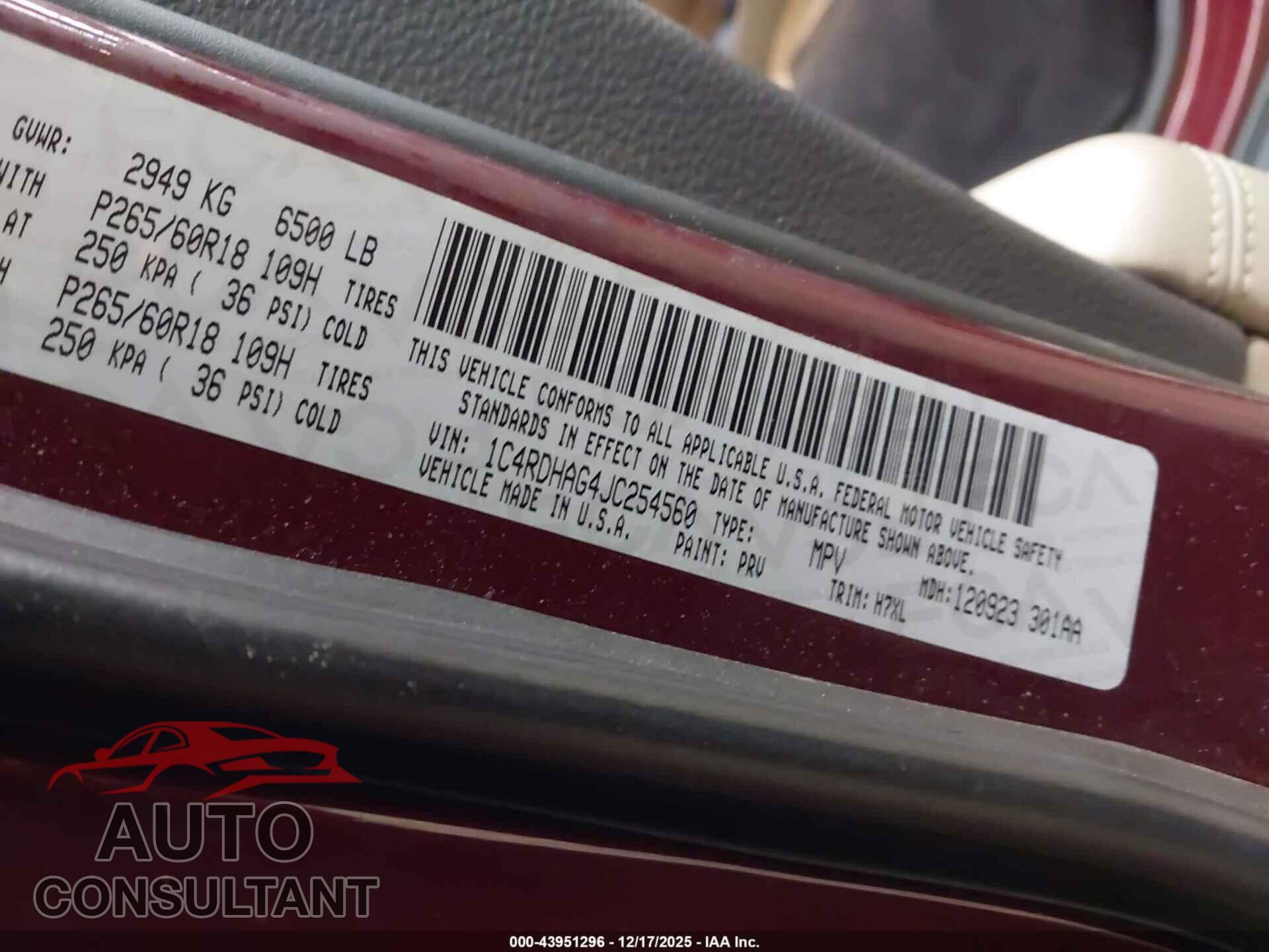 DODGE DURANGO 2018 - 1C4RDHAG4JC254560