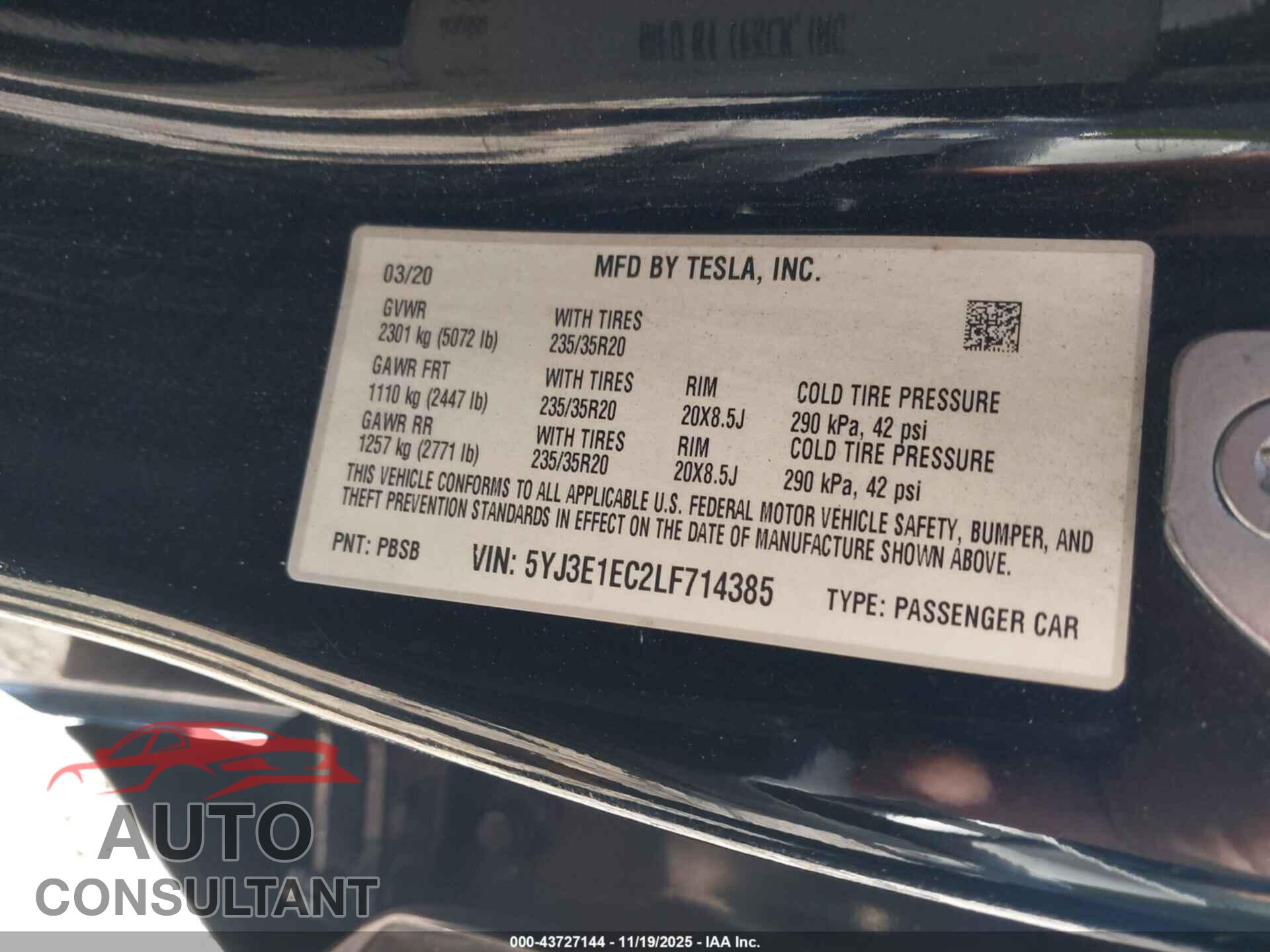 TESLA MODEL 3 2020 - 5YJ3E1EC2LF714385