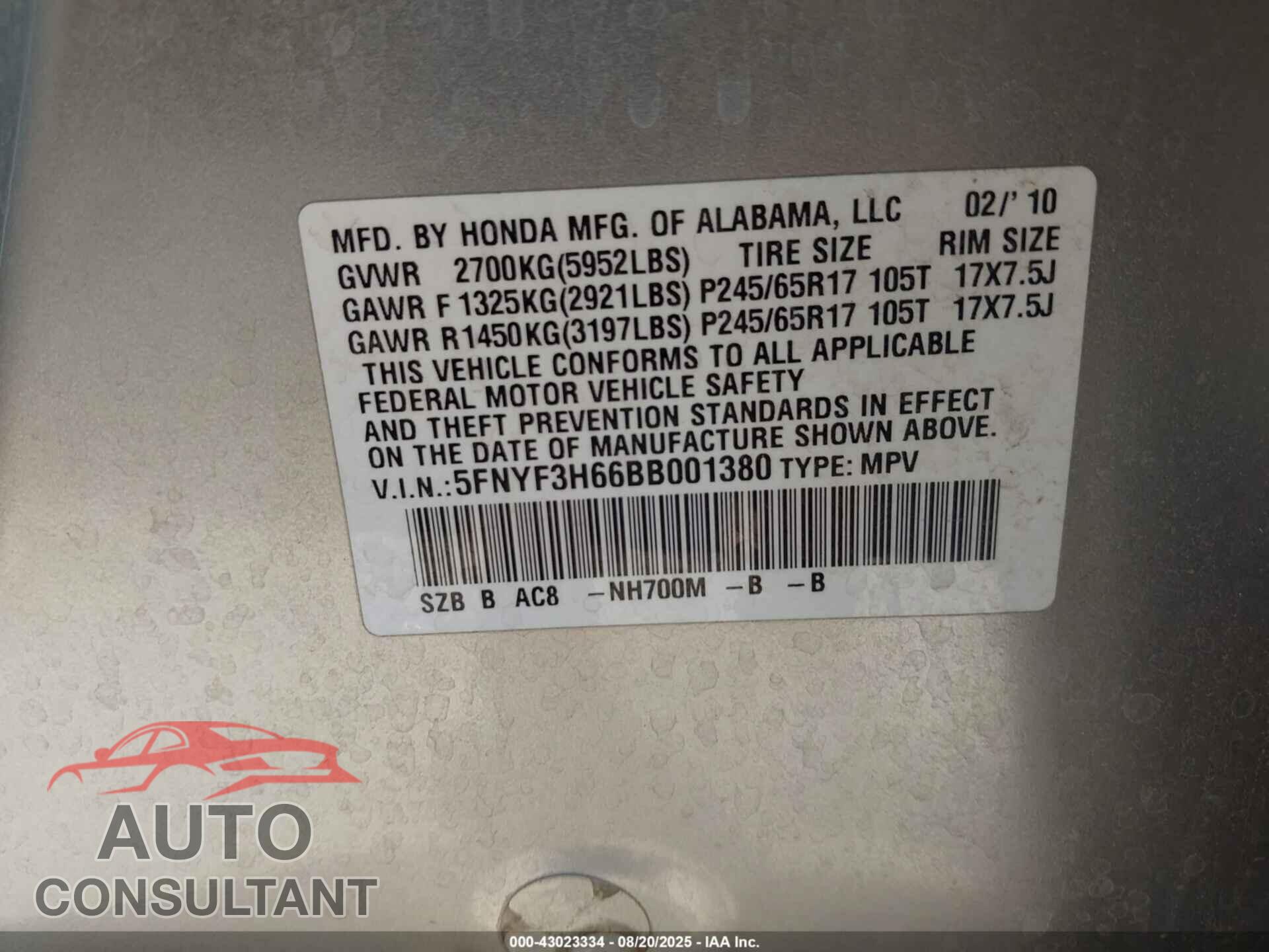 HONDA PILOT 2011 - 5FNYF3H66BB001380