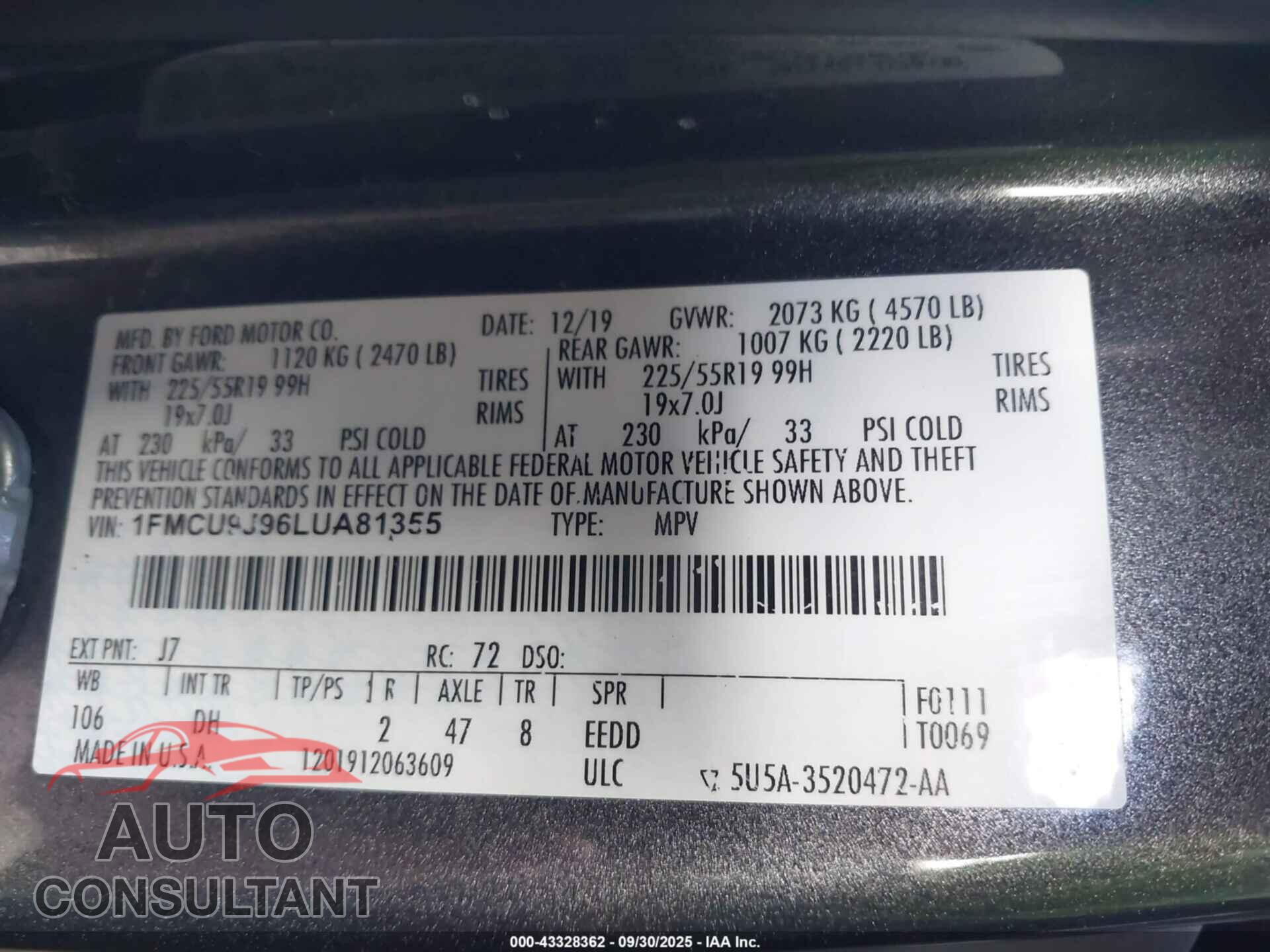 FORD ESCAPE 2020 - 1FMCU9J96LUA81355