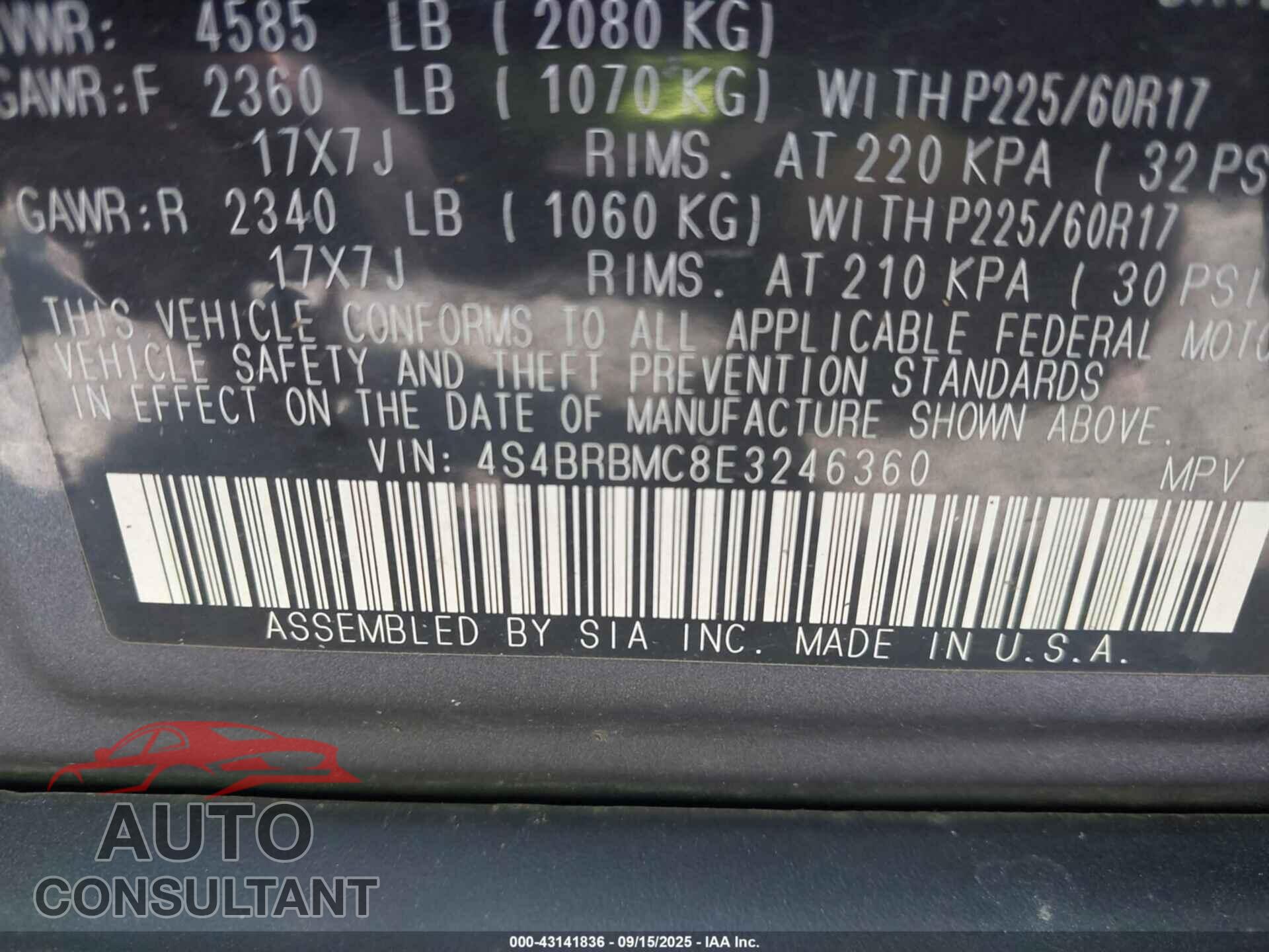 SUBARU OUTBACK 2014 - 4S4BRBMC8E3246360