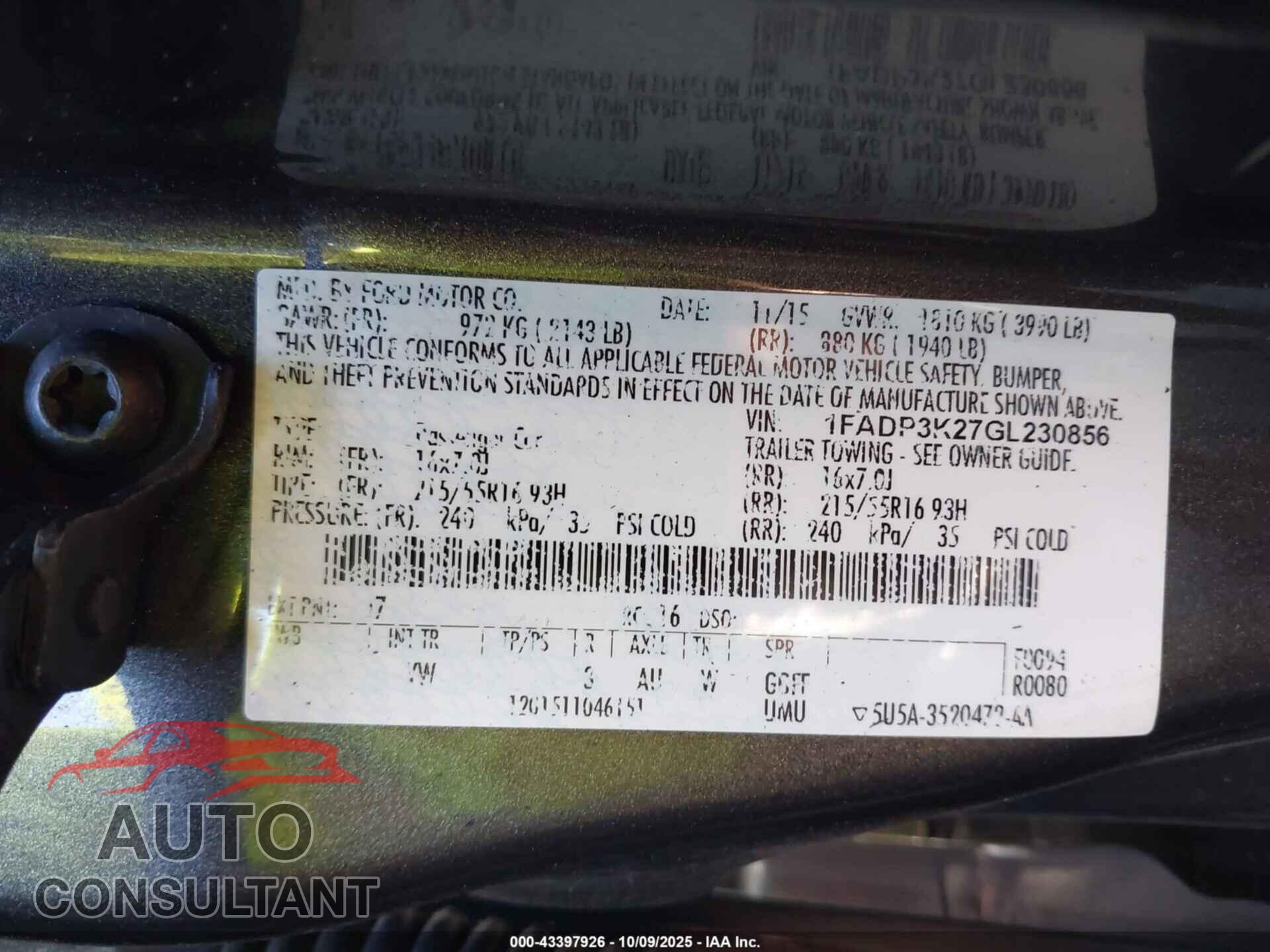 FORD FOCUS 2016 - 1FADP3K27GL230856