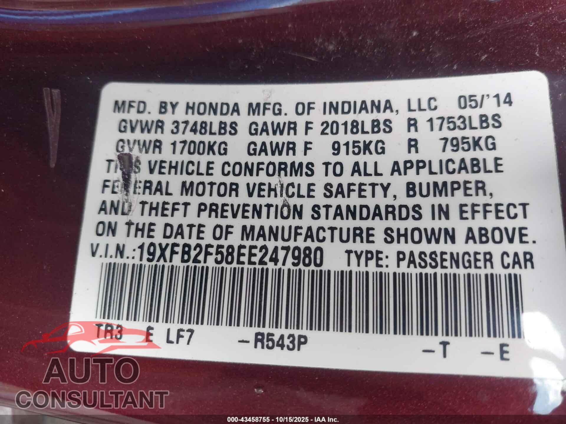 HONDA CIVIC 2014 - 19XFB2F58EE247980