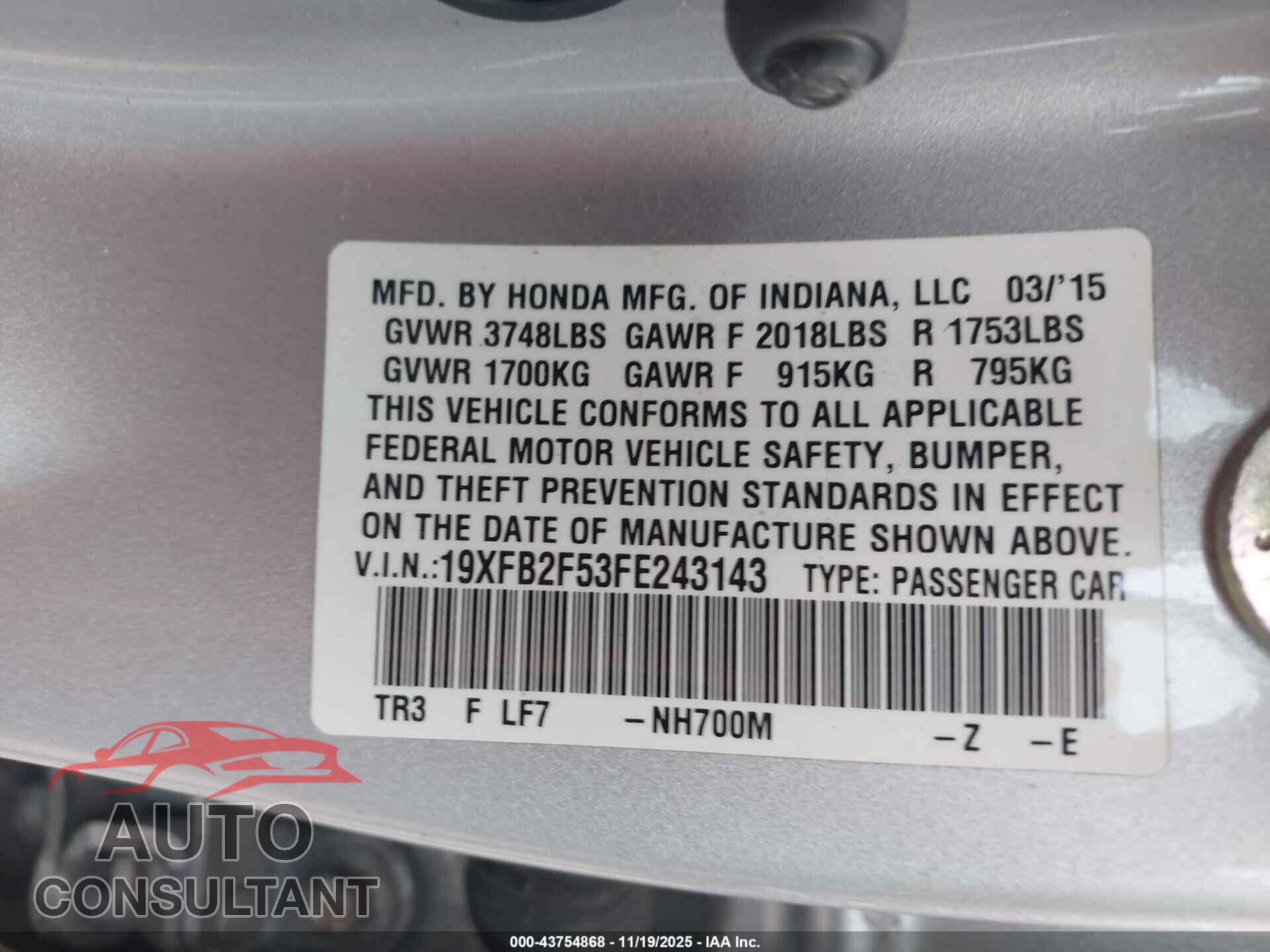 HONDA CIVIC 2015 - 19XFB2F53FE243143