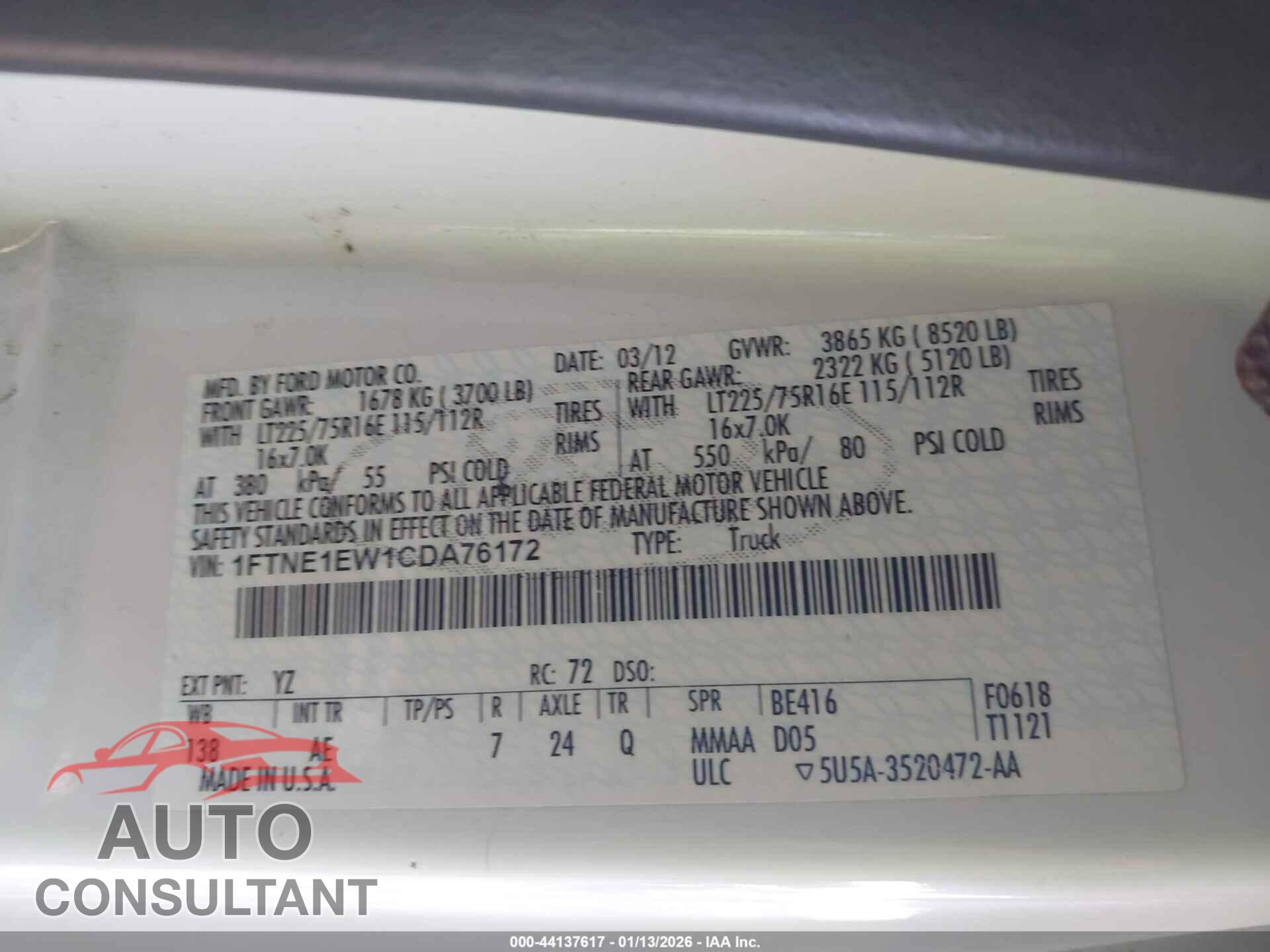 FORD E-150 2012 - 1FTNE1EW1CDA76172