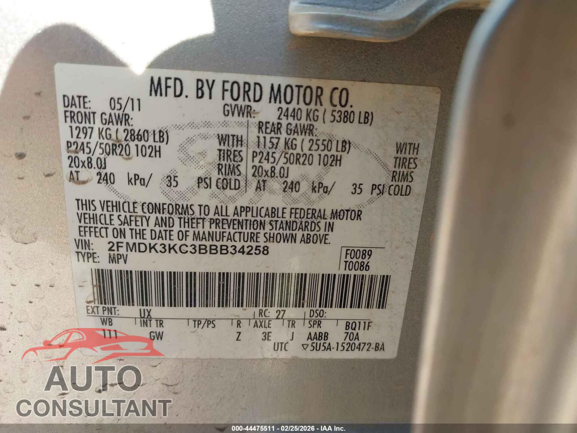 FORD EDGE 2011 - 2FMDK3KC3BBB34258