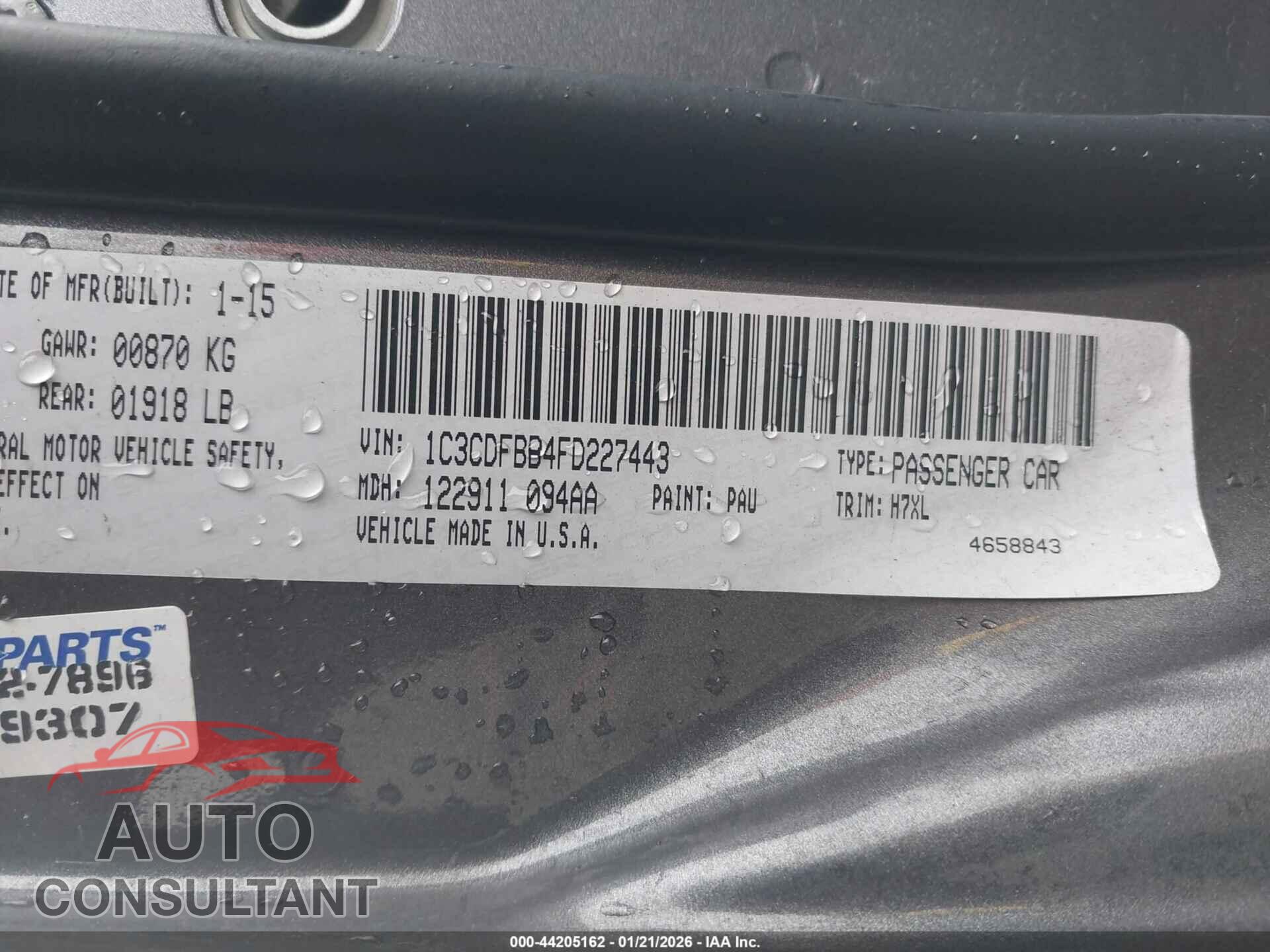 DODGE DART 2015 - 1C3CDFBB4FD227443