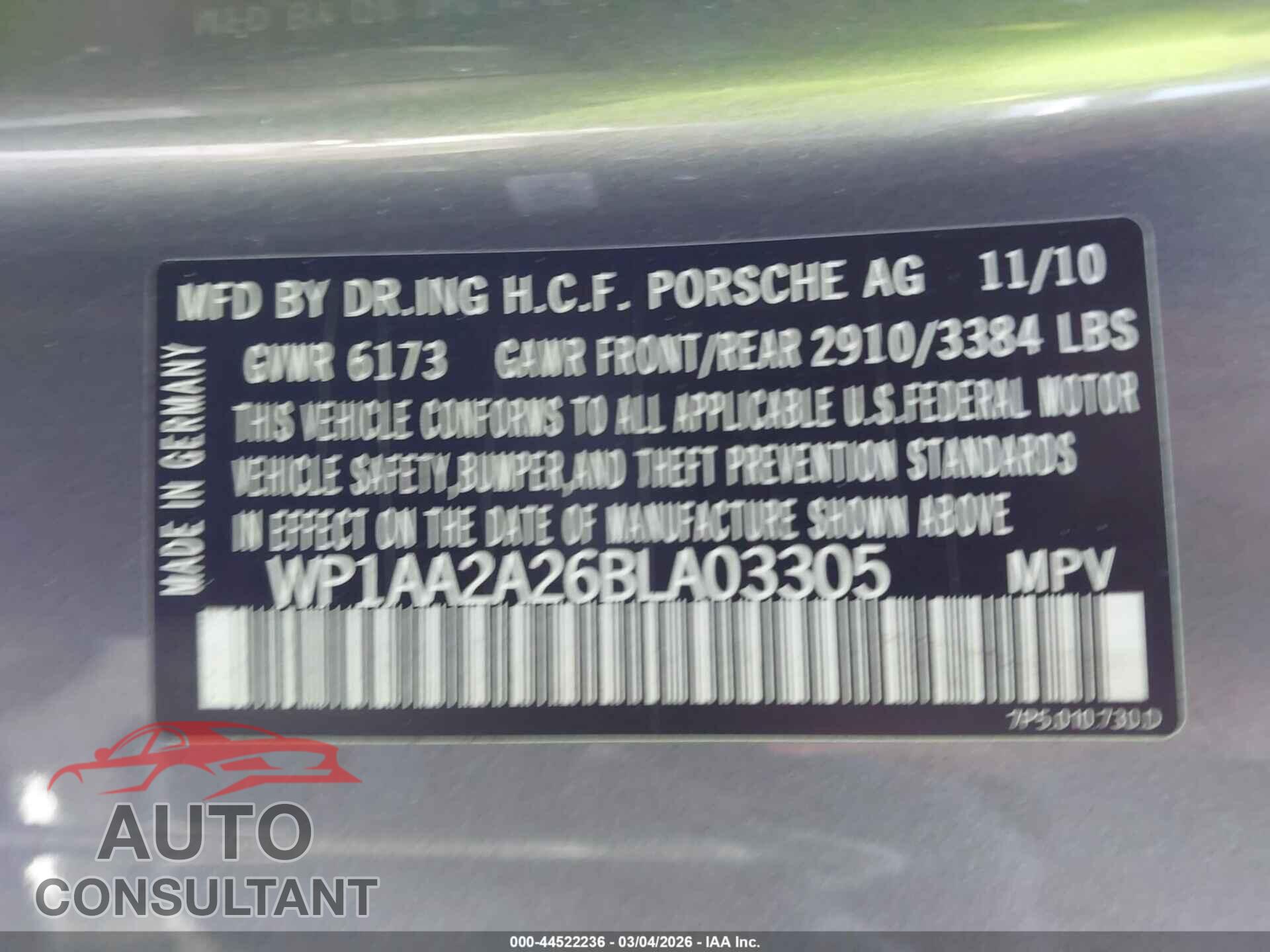 PORSCHE CAYENNE 2011 - WP1AA2A26BLA03305