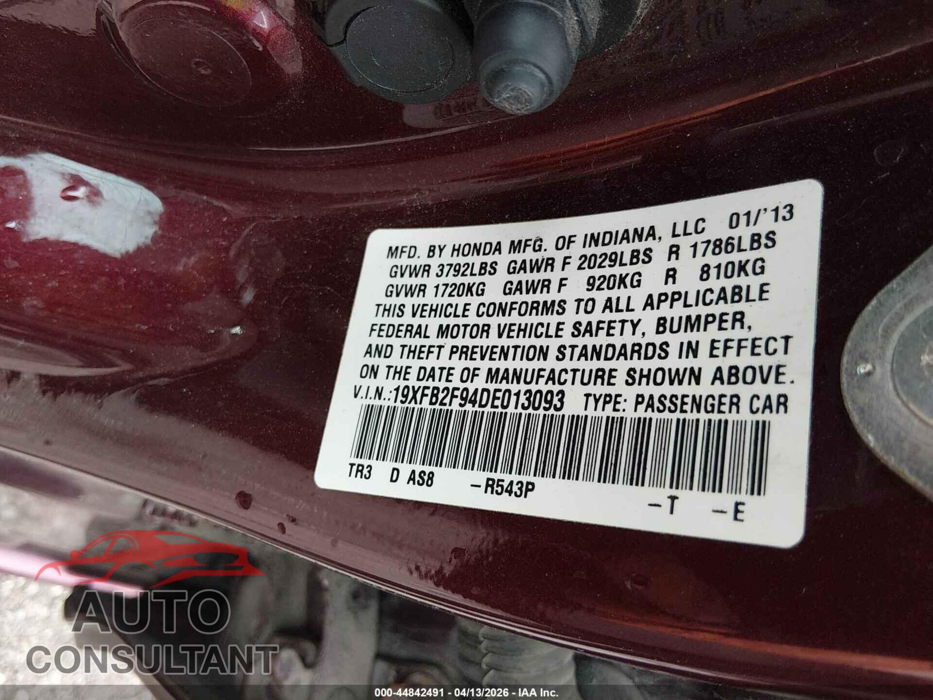 HONDA CIVIC 2013 - 19XFB2F94DE013093