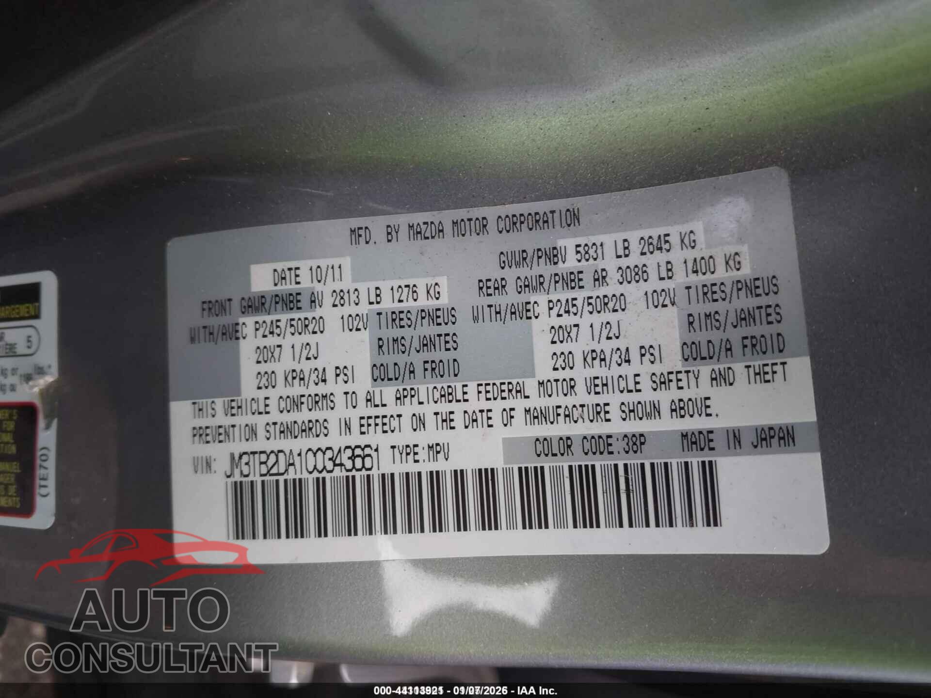 MAZDA CX-9 2012 - JM3TB2DA1C0343661