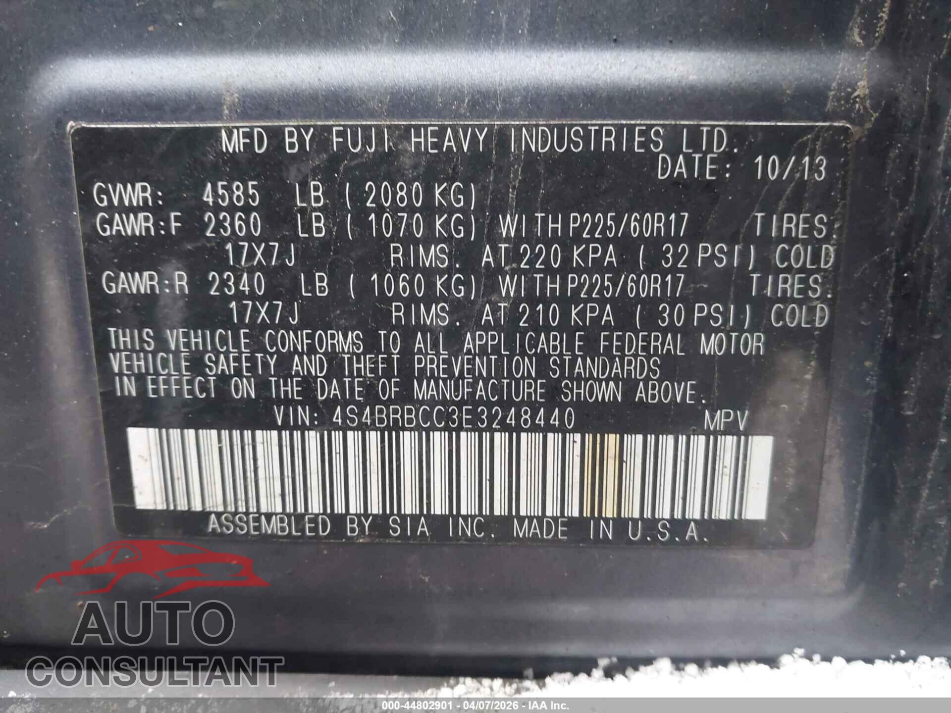 SUBARU OUTBACK 2014 - 4S4BRBCC3E3248440