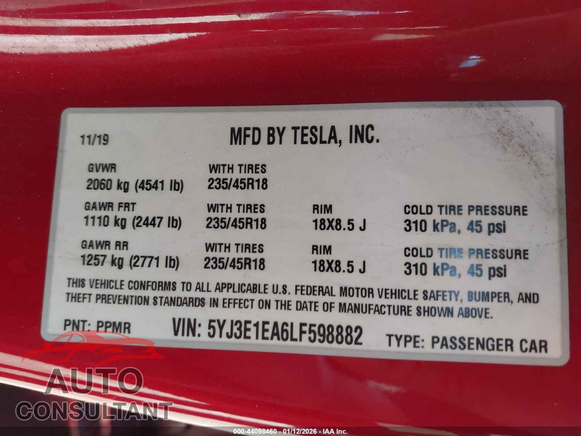 TESLA MODEL 3 2020 - 5YJ3E1EA6LF598882