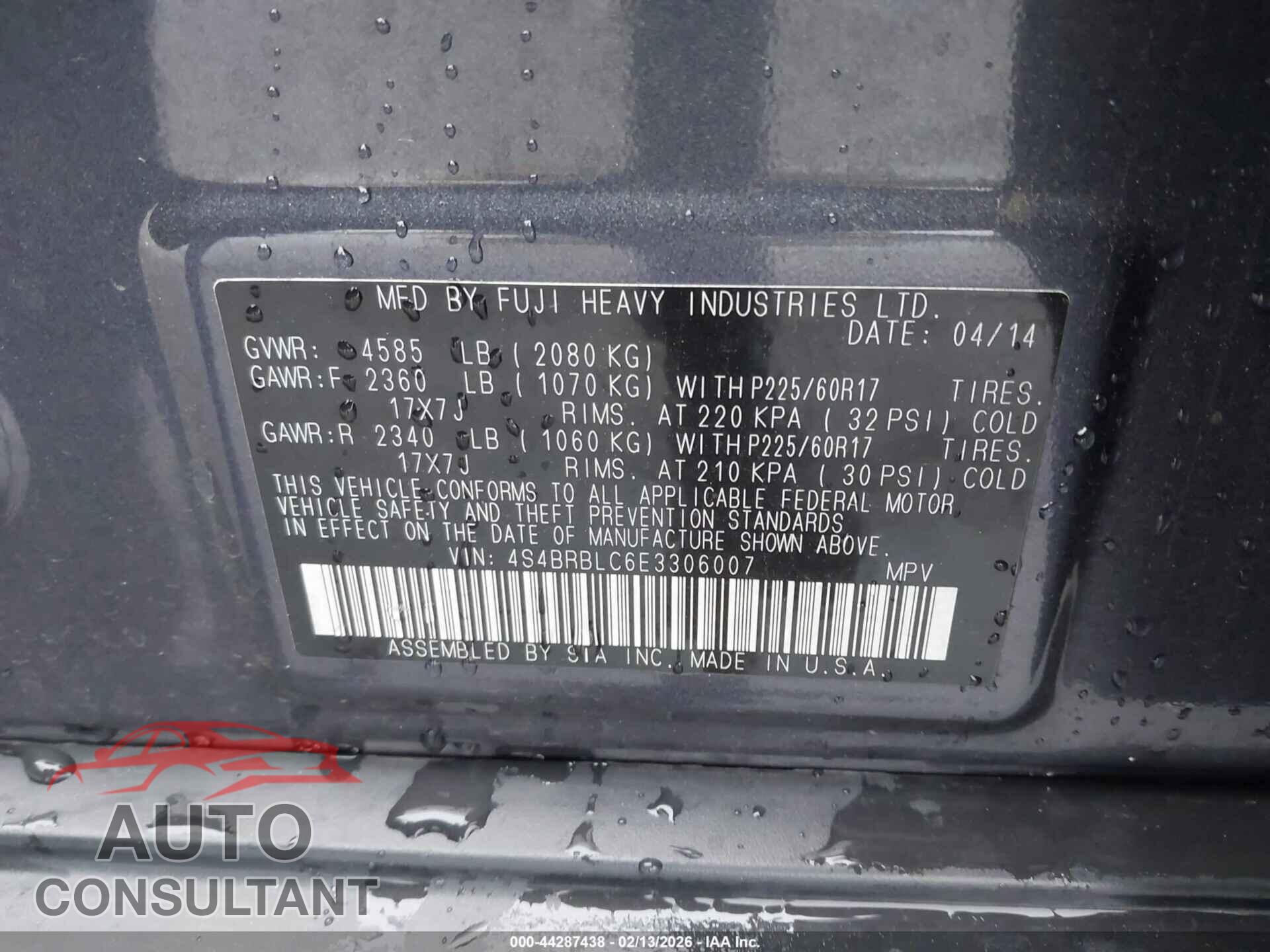 SUBARU OUTBACK 2014 - 4S4BRBLC6E3306007