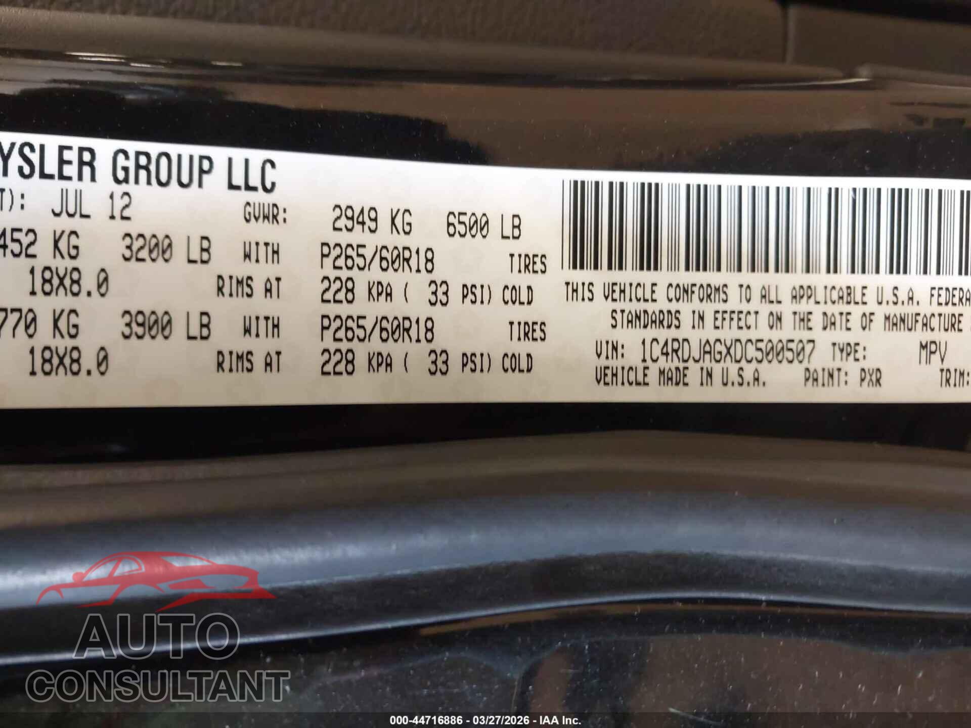 DODGE DURANGO 2013 - 1C4RDJAGXDC500507