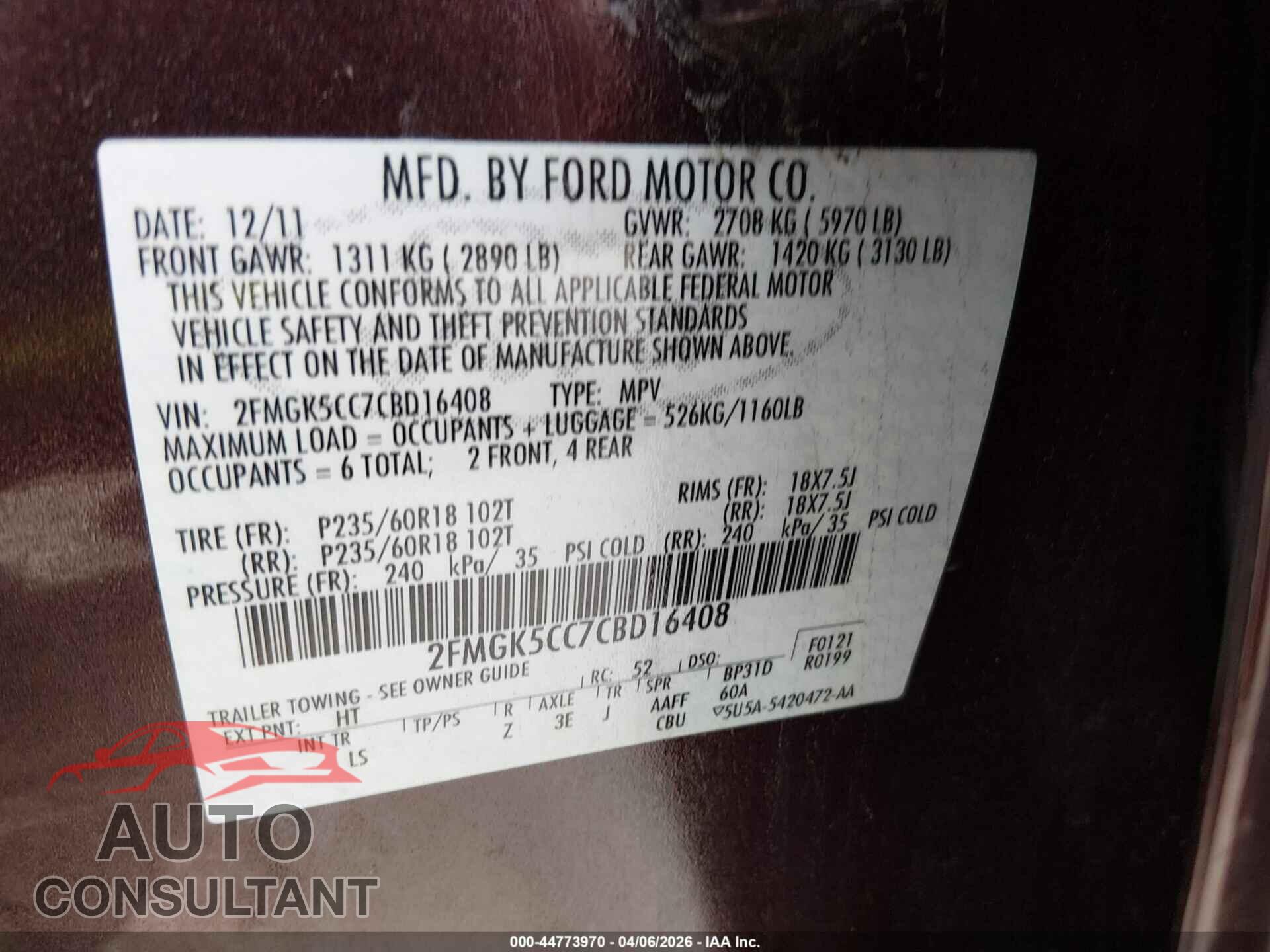 FORD FLEX 2012 - 2FMGK5CC7CBD16408