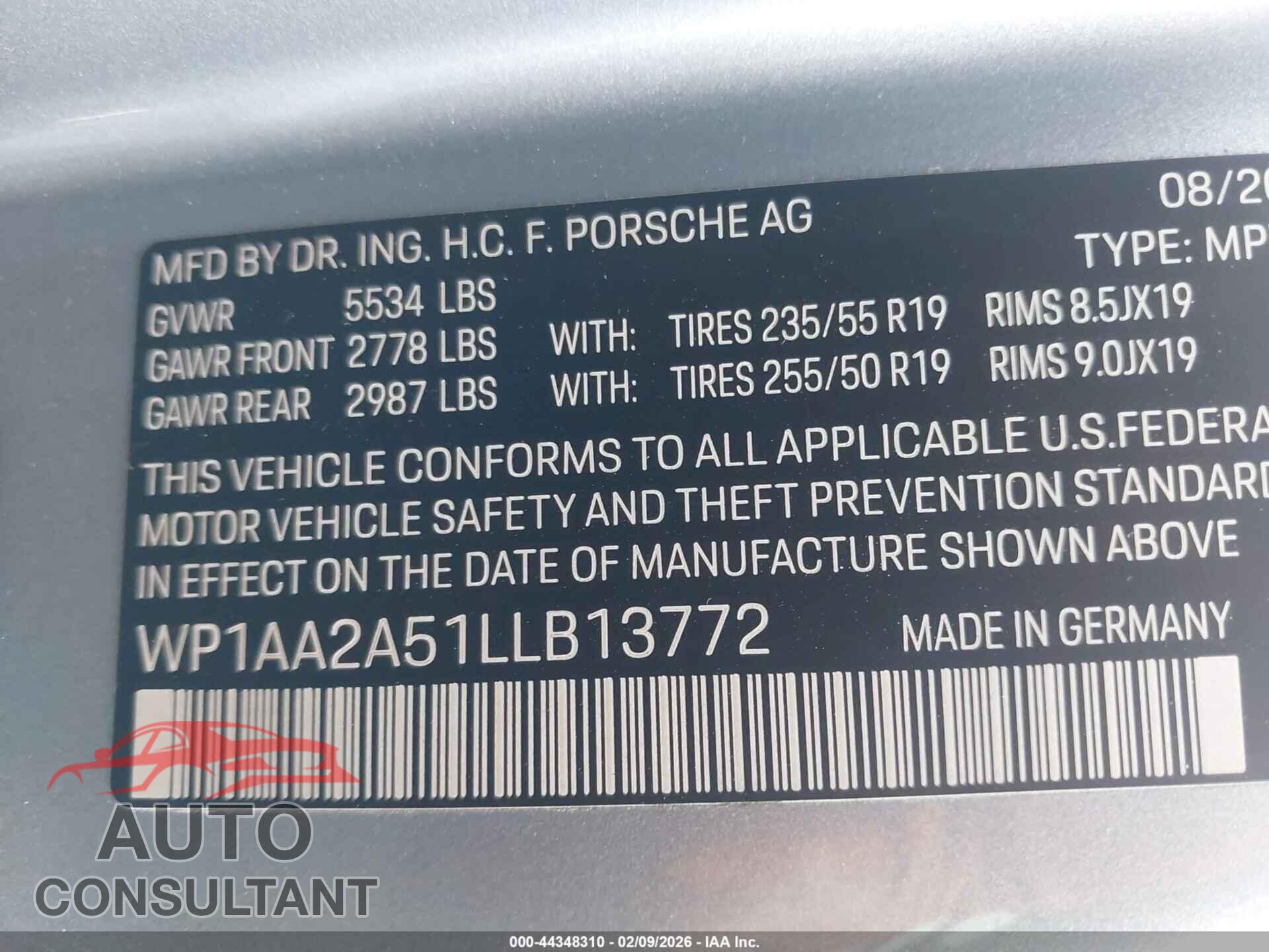 PORSCHE MACAN 2020 - WP1AA2A51LLB13772