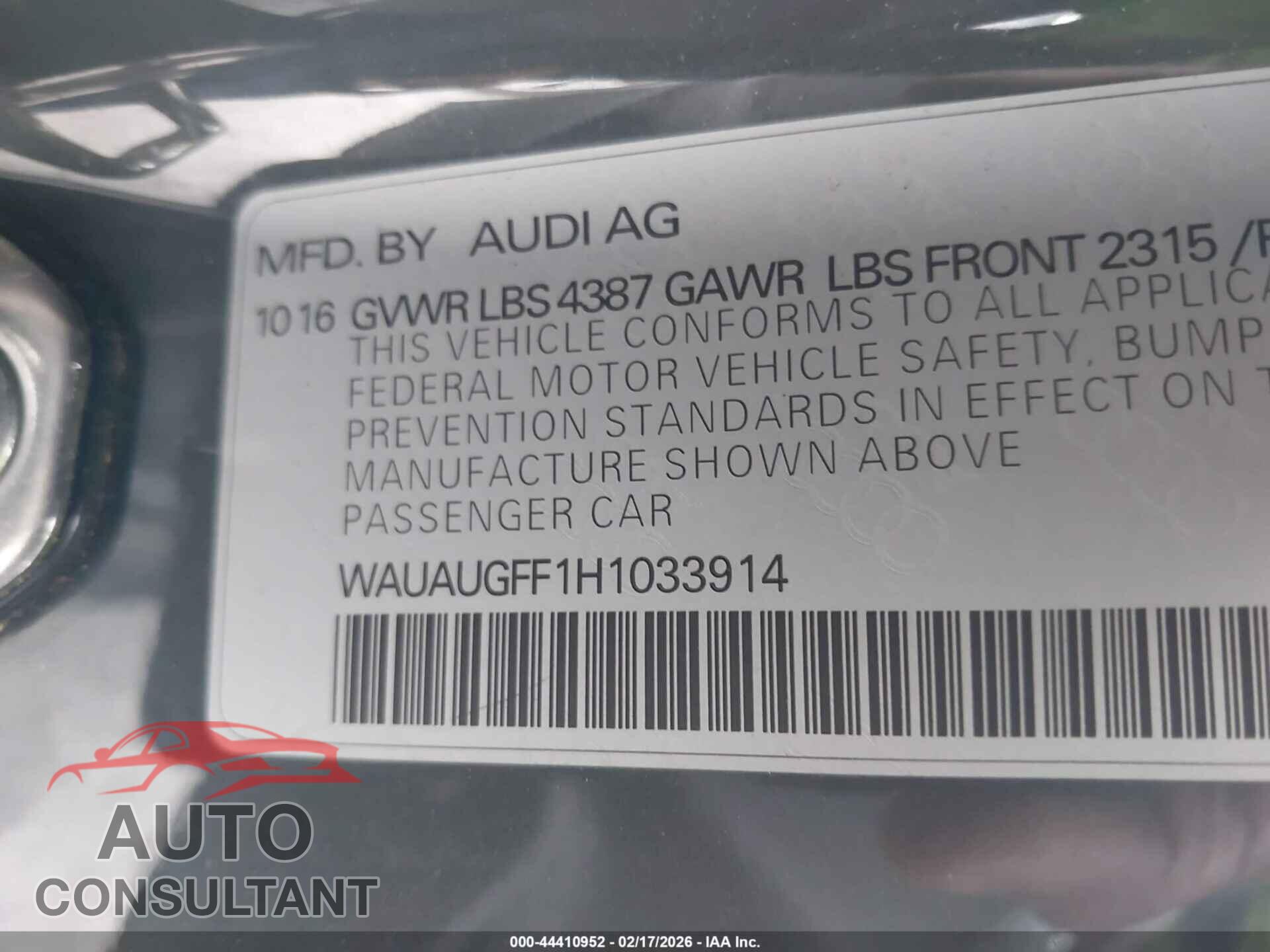 AUDI A3 2017 - WAUAUGFF1H1033914