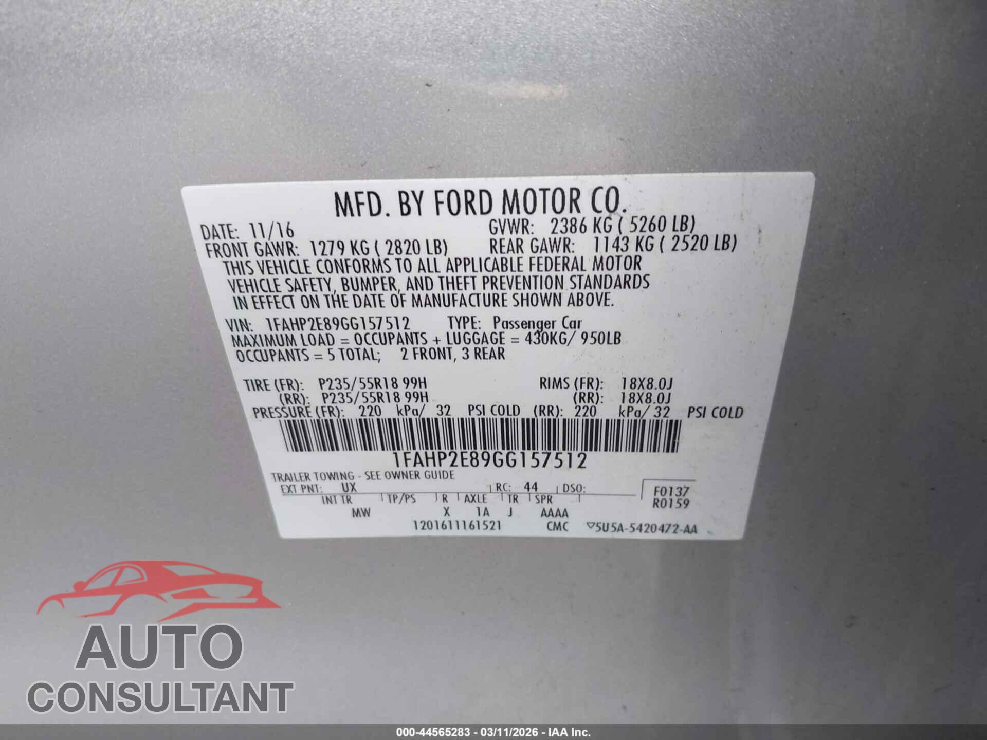 FORD TAURUS 2016 - 1FAHP2E89GG157512