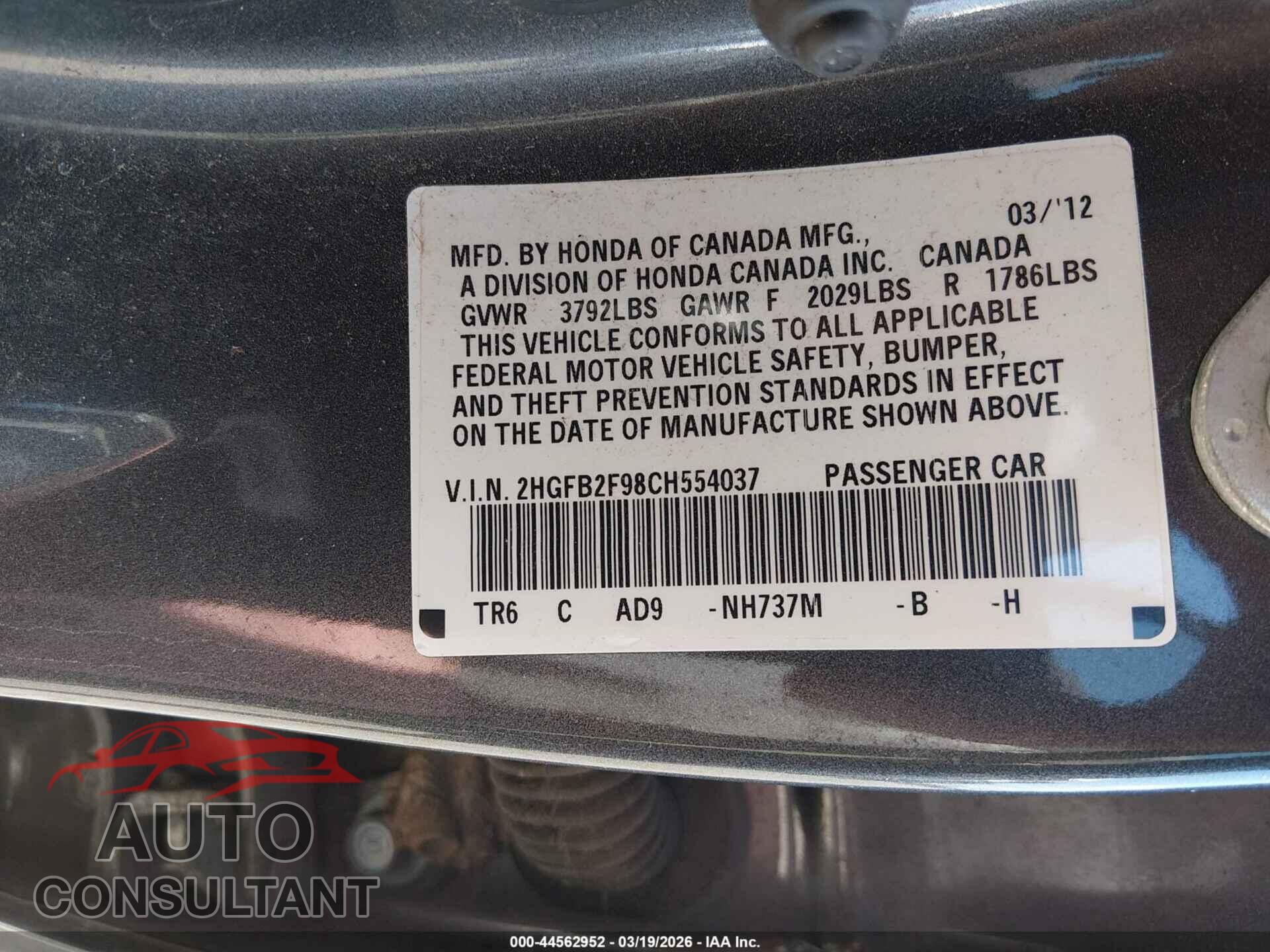 HONDA CIVIC 2012 - 2HGFB2F98CH554037