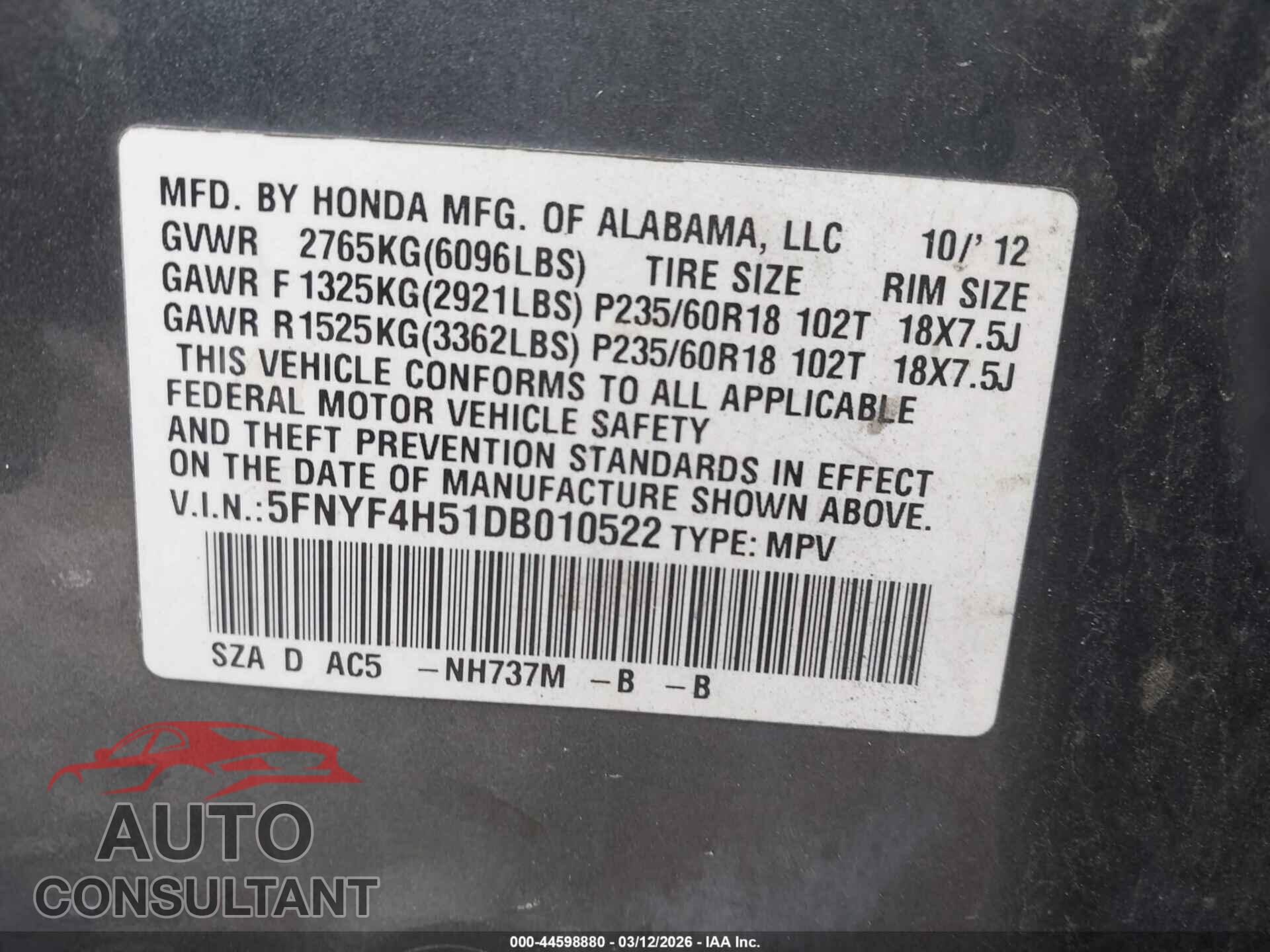 HONDA PILOT 2013 - 5FNYF4H51DB010522