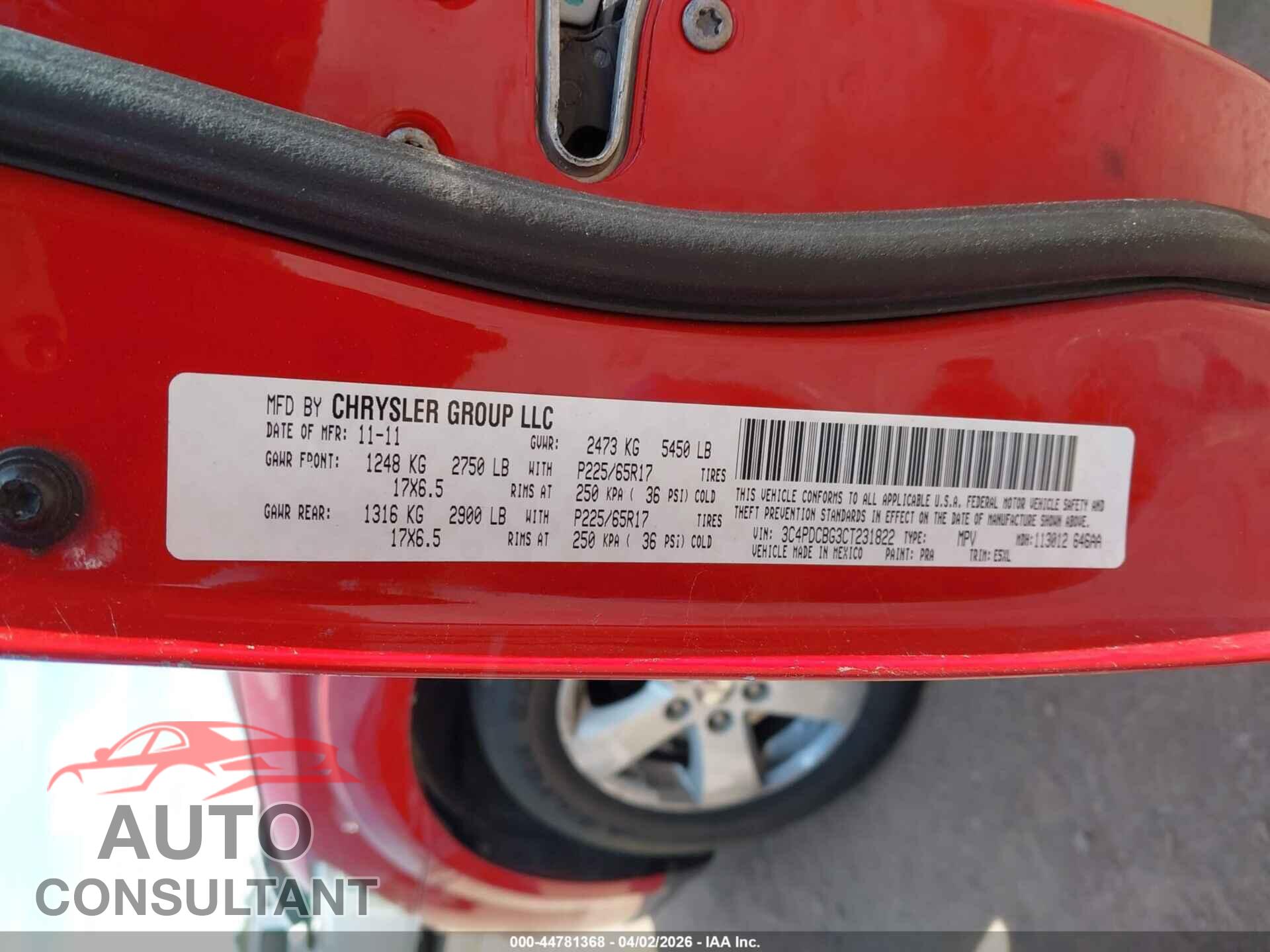 DODGE JOURNEY 2012 - 3C4PDCBG3CT231822