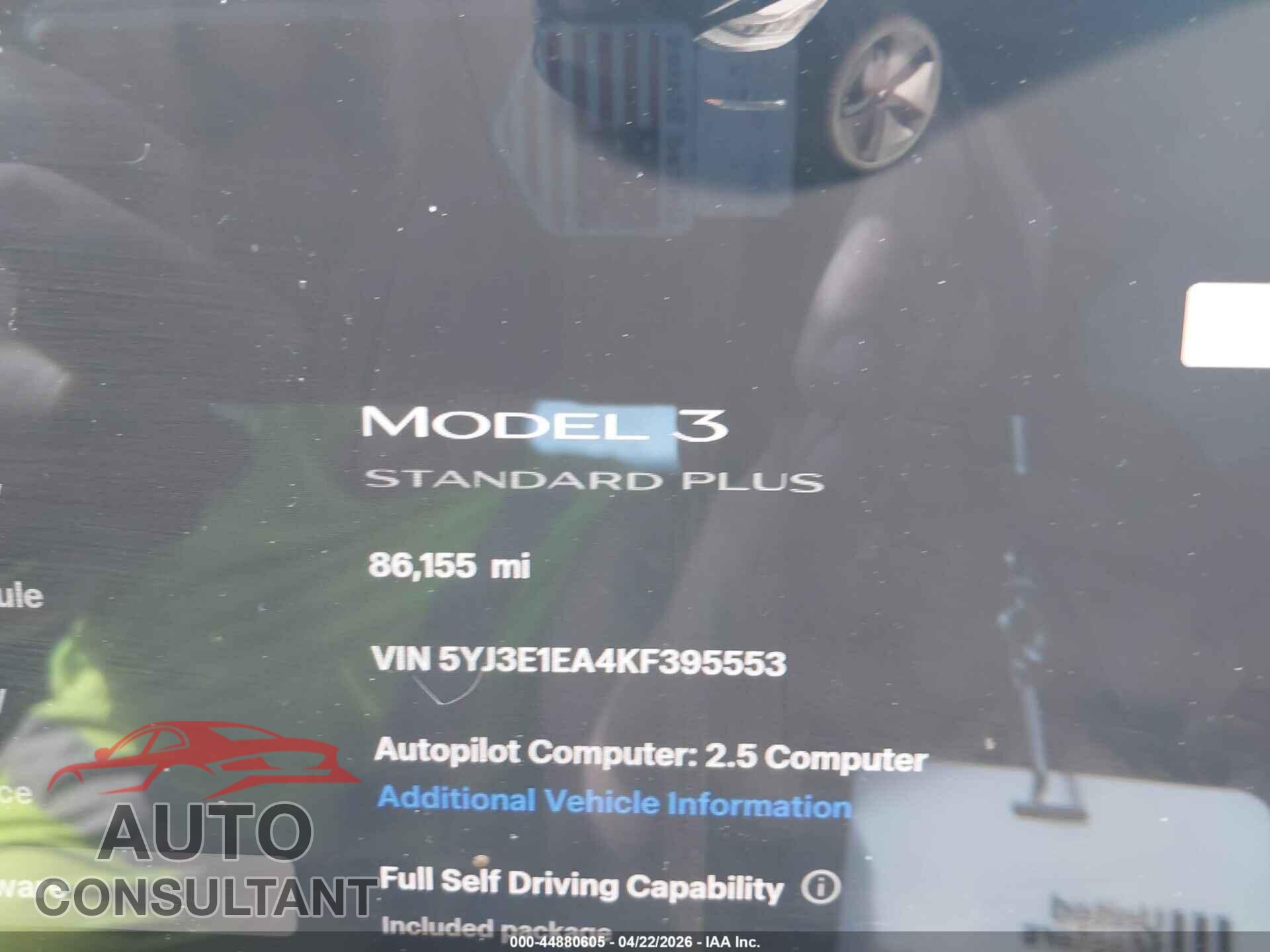 TESLA MODEL 3 2019 - 5YJ3E1EA4KF395553