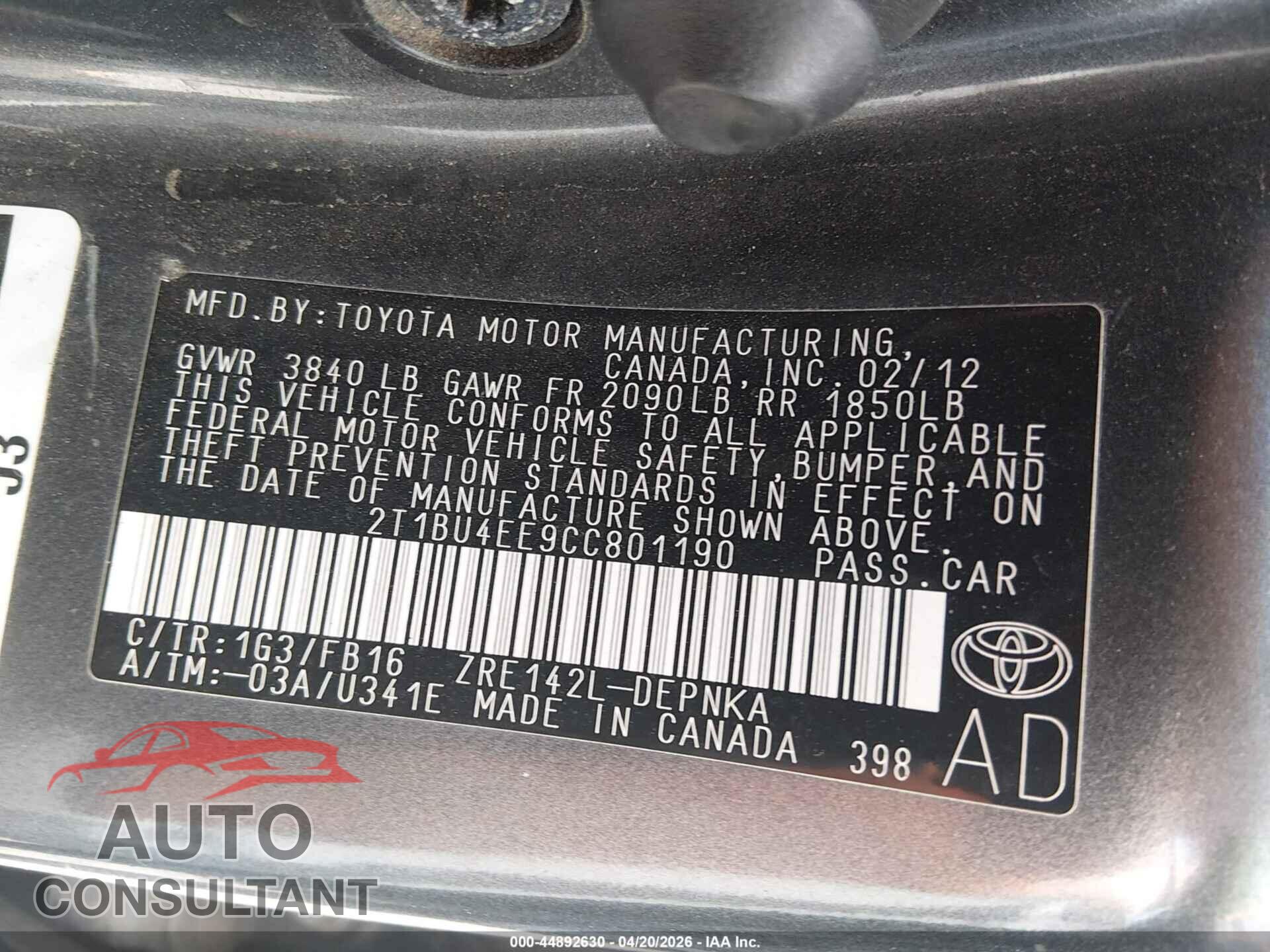 TOYOTA COROLLA 2012 - 2T1BU4EE9CC801190