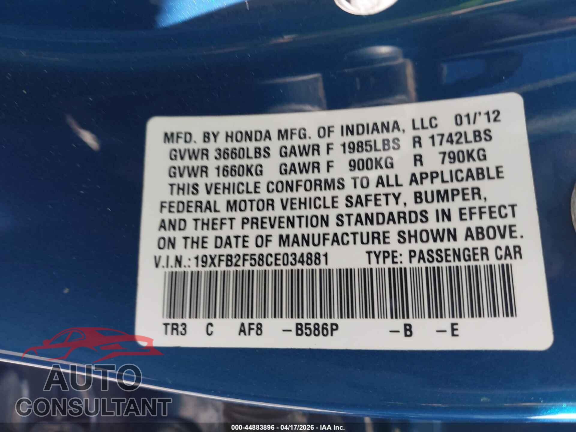 HONDA CIVIC 2012 - 19XFB2F58CE034881