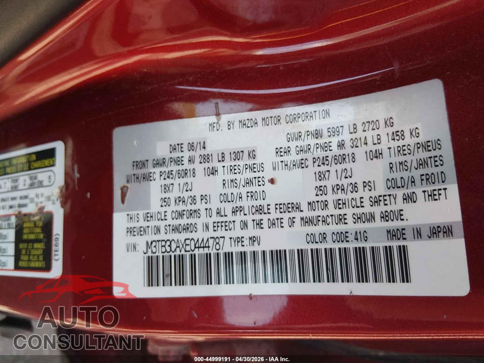 MAZDA CX-9 2014 - JM3TB3CAXE0444787