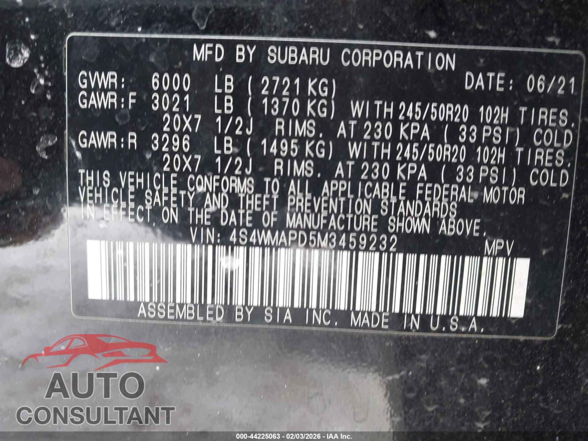 SUBARU ASCENT 2021 - 4S4WMAPD5M3459232