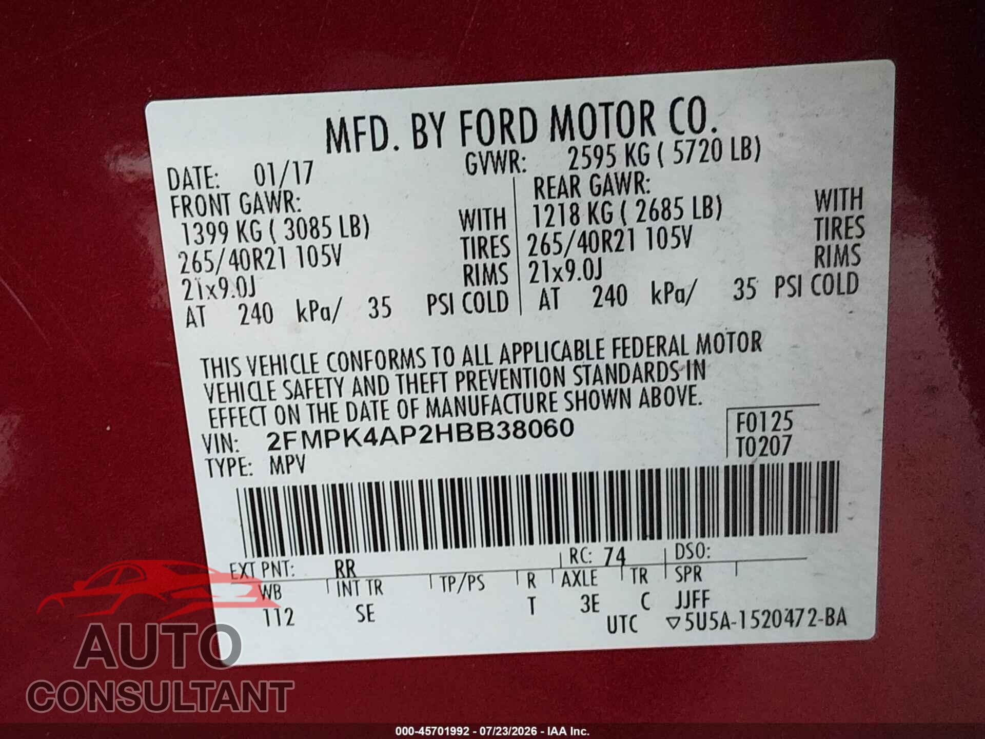 FORD EDGE 2017 - 2FMPK4AP2HBB38060