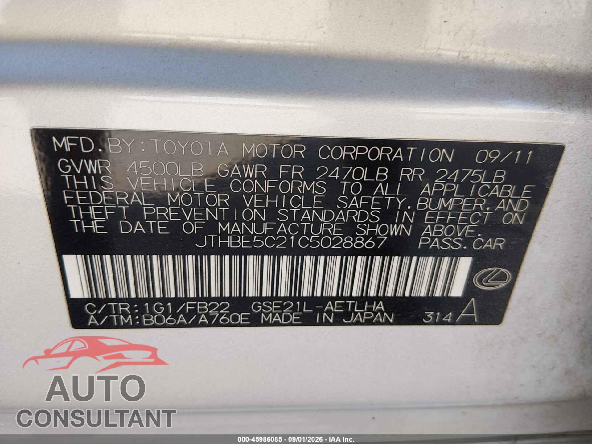 LEXUS IS 350 2012 - JTHBE5C21C5028867