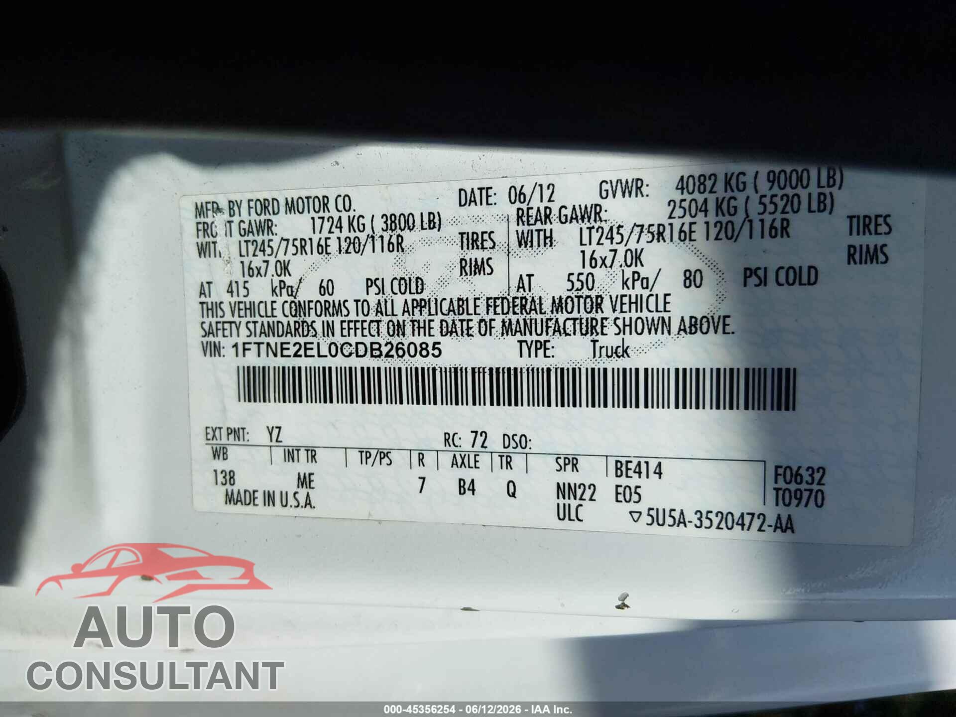 FORD E-250 2012 - 1FTNE2EL0CDB26085