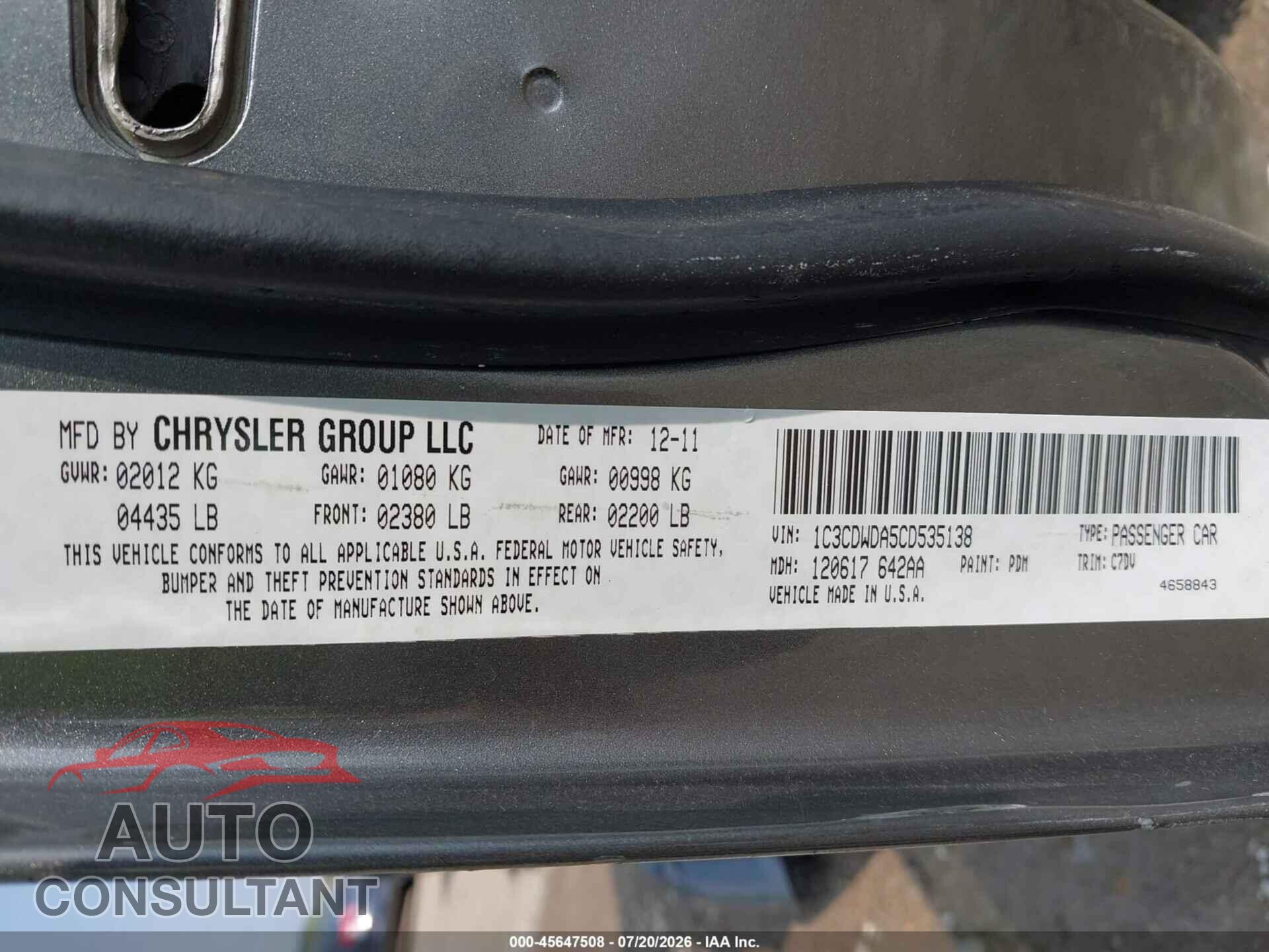 DODGE CALIBER 2012 - 1C3CDWDA5CD535138