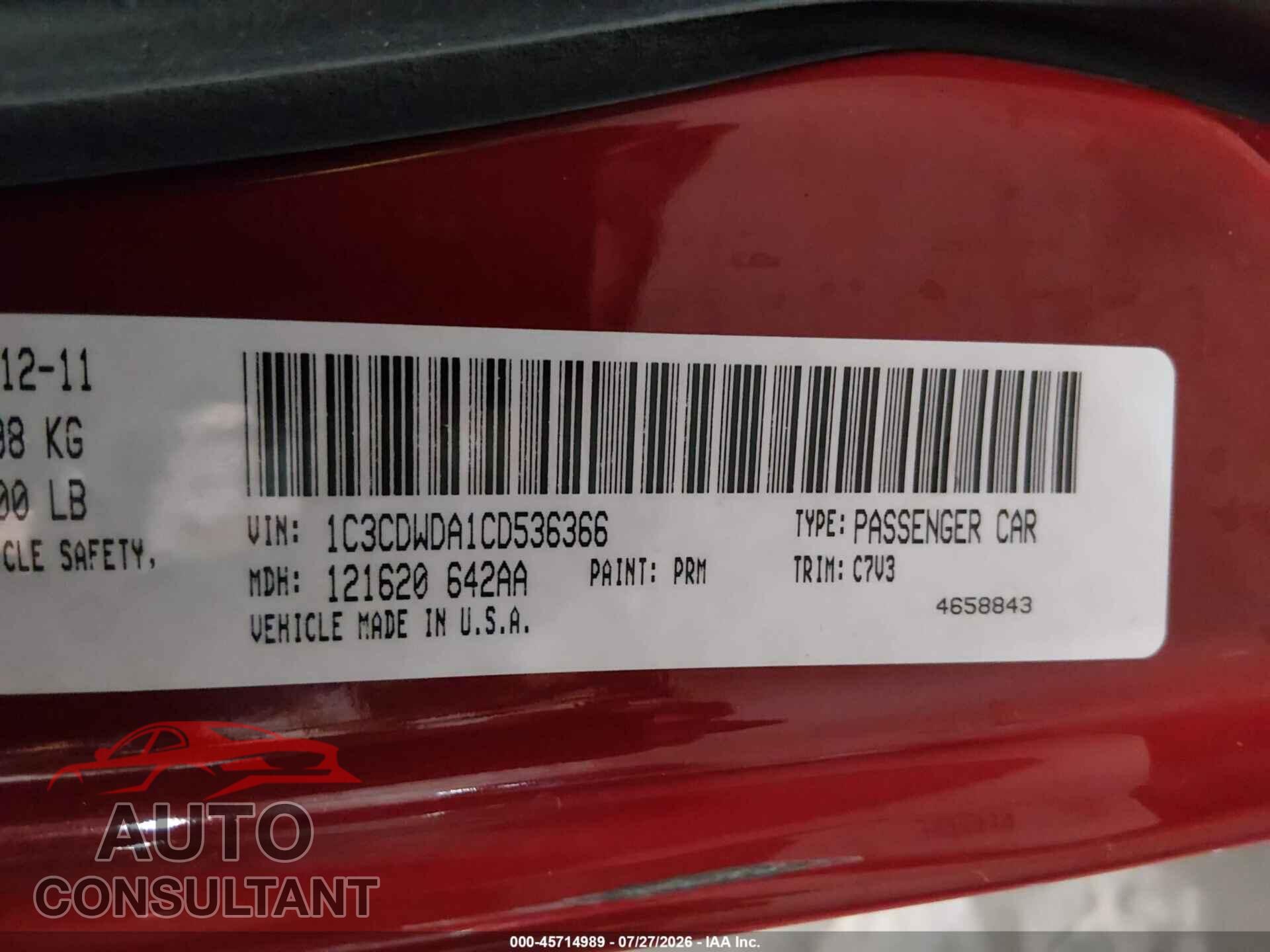 DODGE CALIBER 2012 - 1C3CDWDA1CD536366