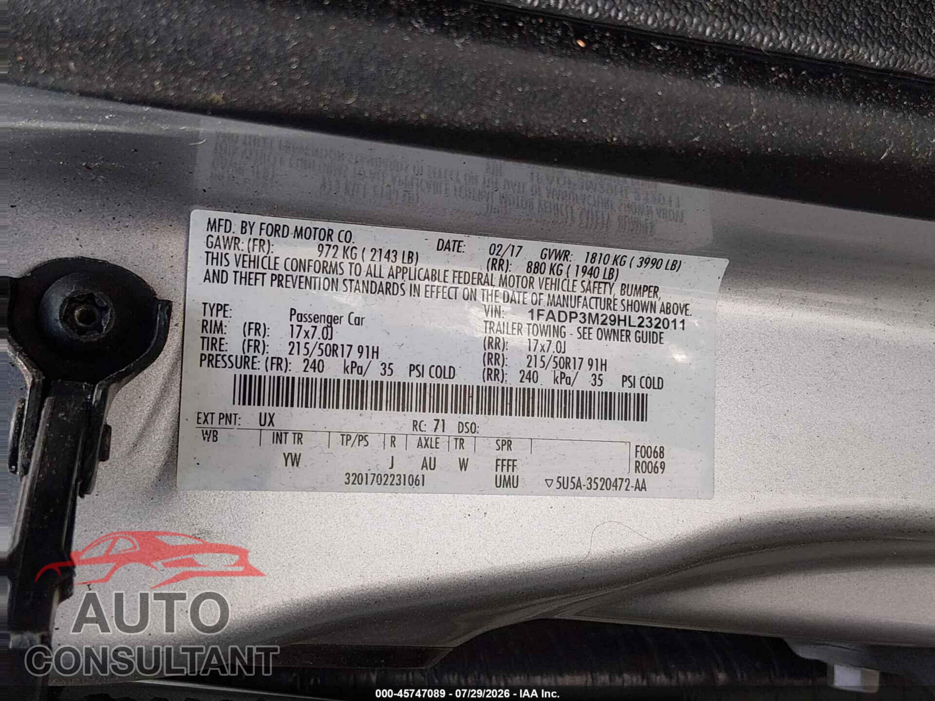 FORD FOCUS 2017 - 1FADP3M29HL232011
