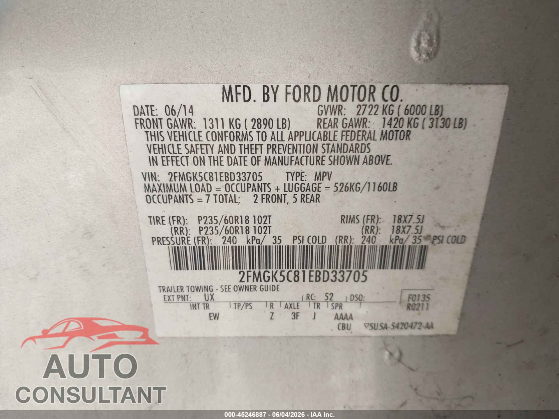 FORD FLEX 2014 - 2FMGK5C81EBD33705