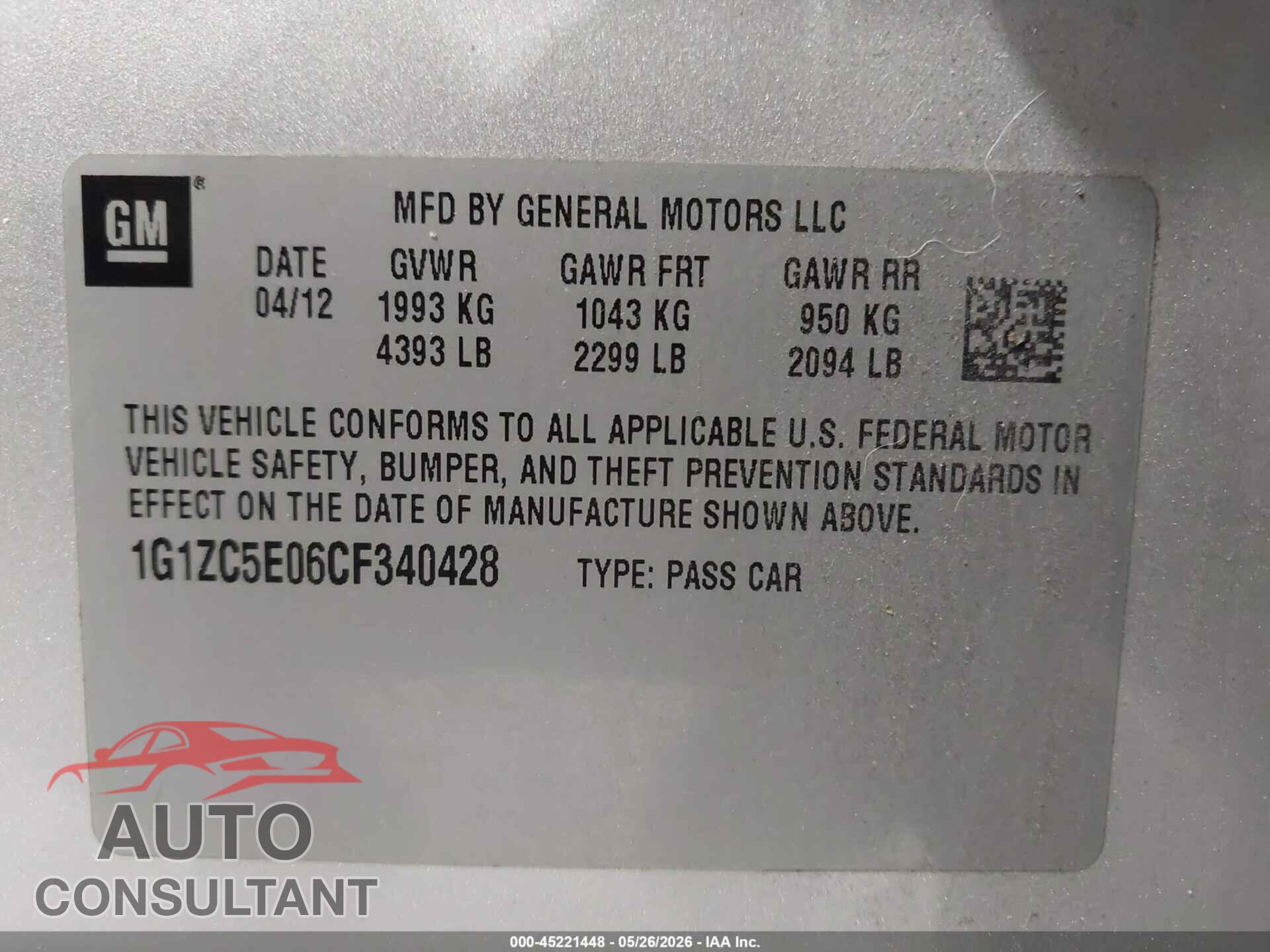 CHEVROLET MALIBU 2012 - 1G1ZC5E06CF340428