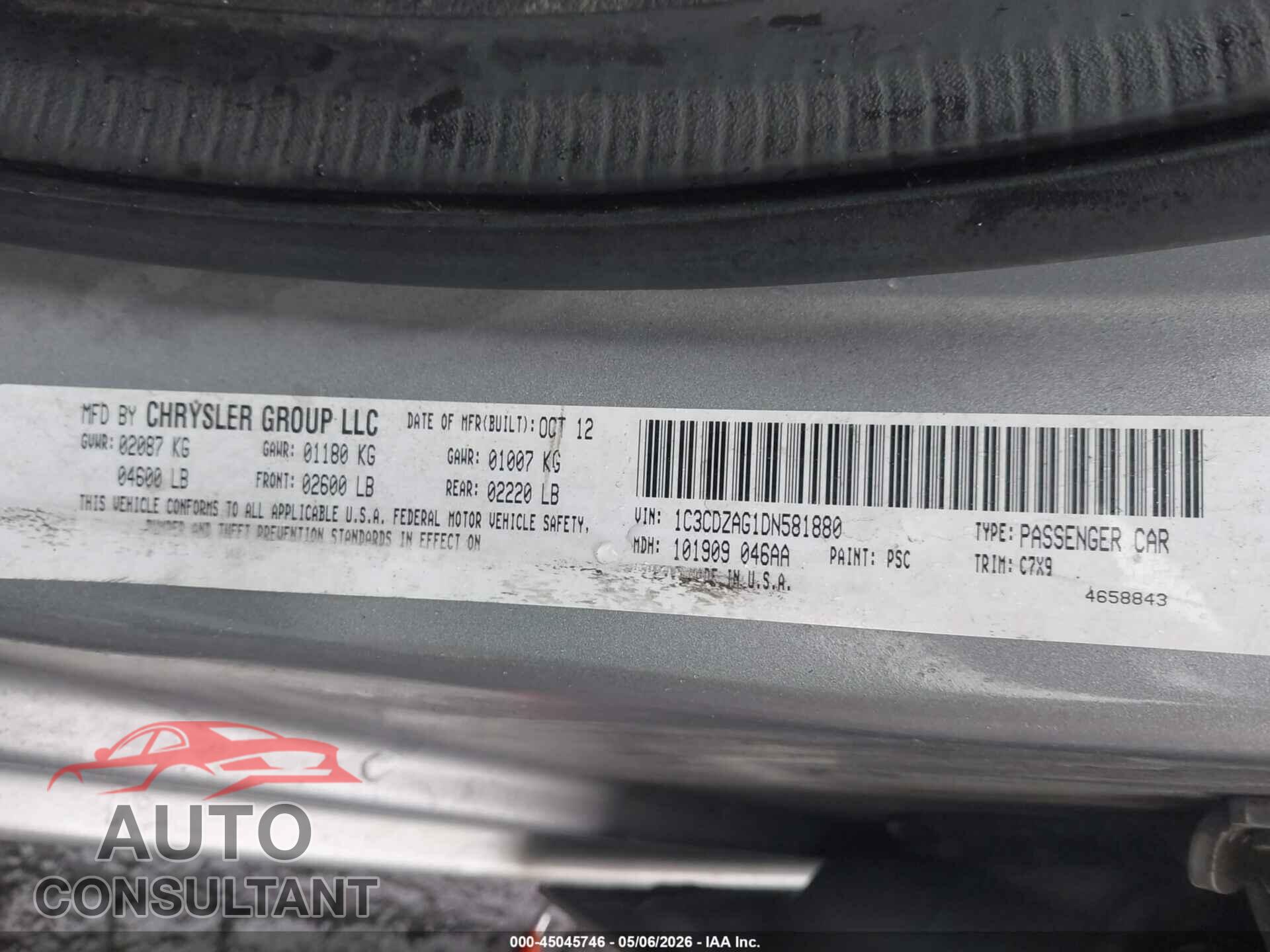 DODGE AVENGER 2013 - 1C3CDZAG1DN581880