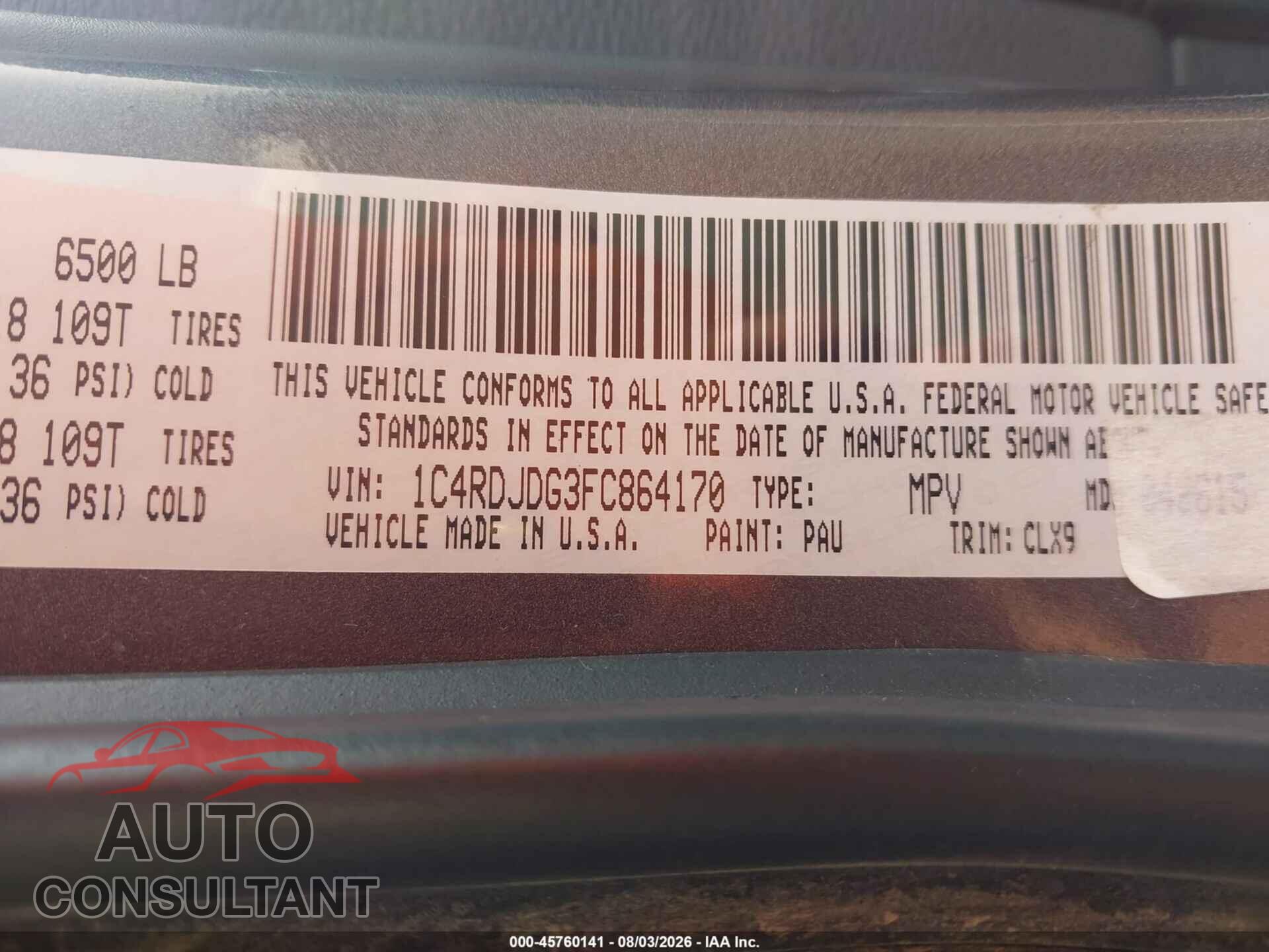 DODGE DURANGO 2015 - 1C4RDJDG3FC864170