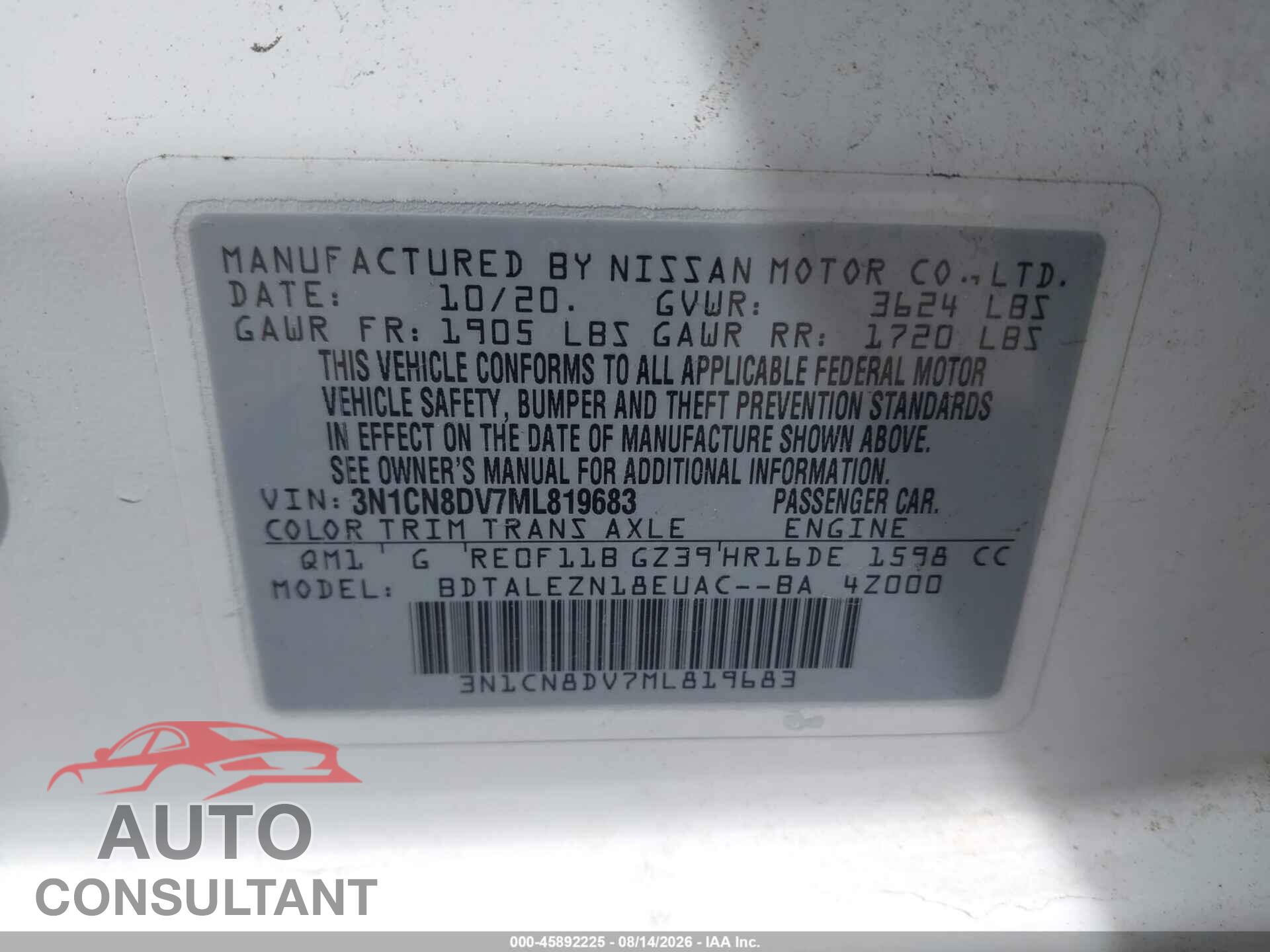 NISSAN VERSA 2021 - 3N1CN8DV7ML819683