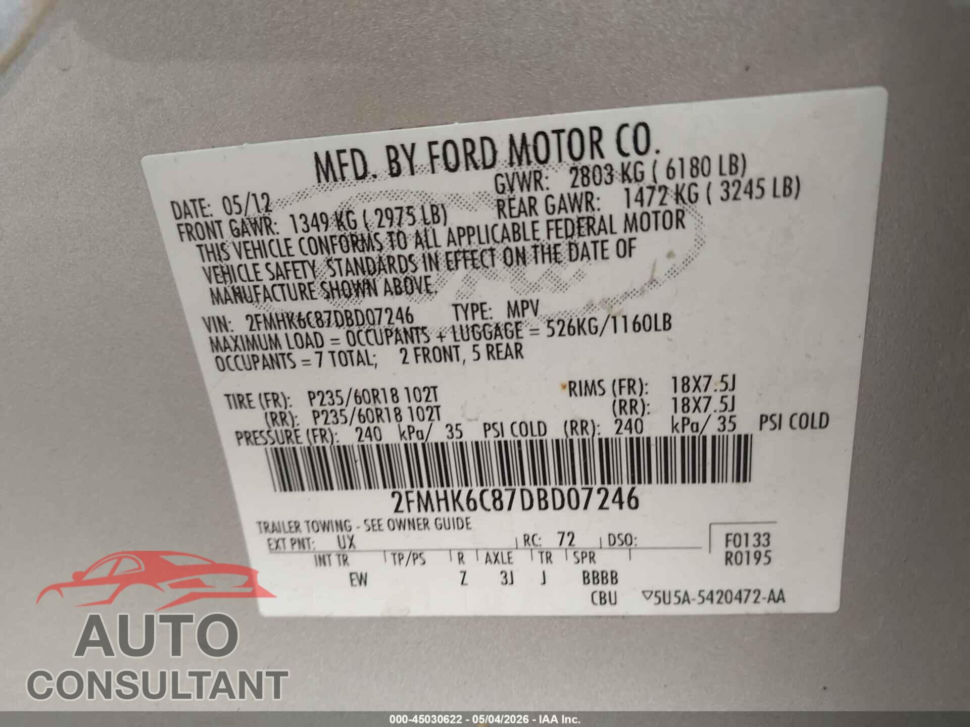 FORD FLEX 2013 - 2FMHK6C87DBD07246