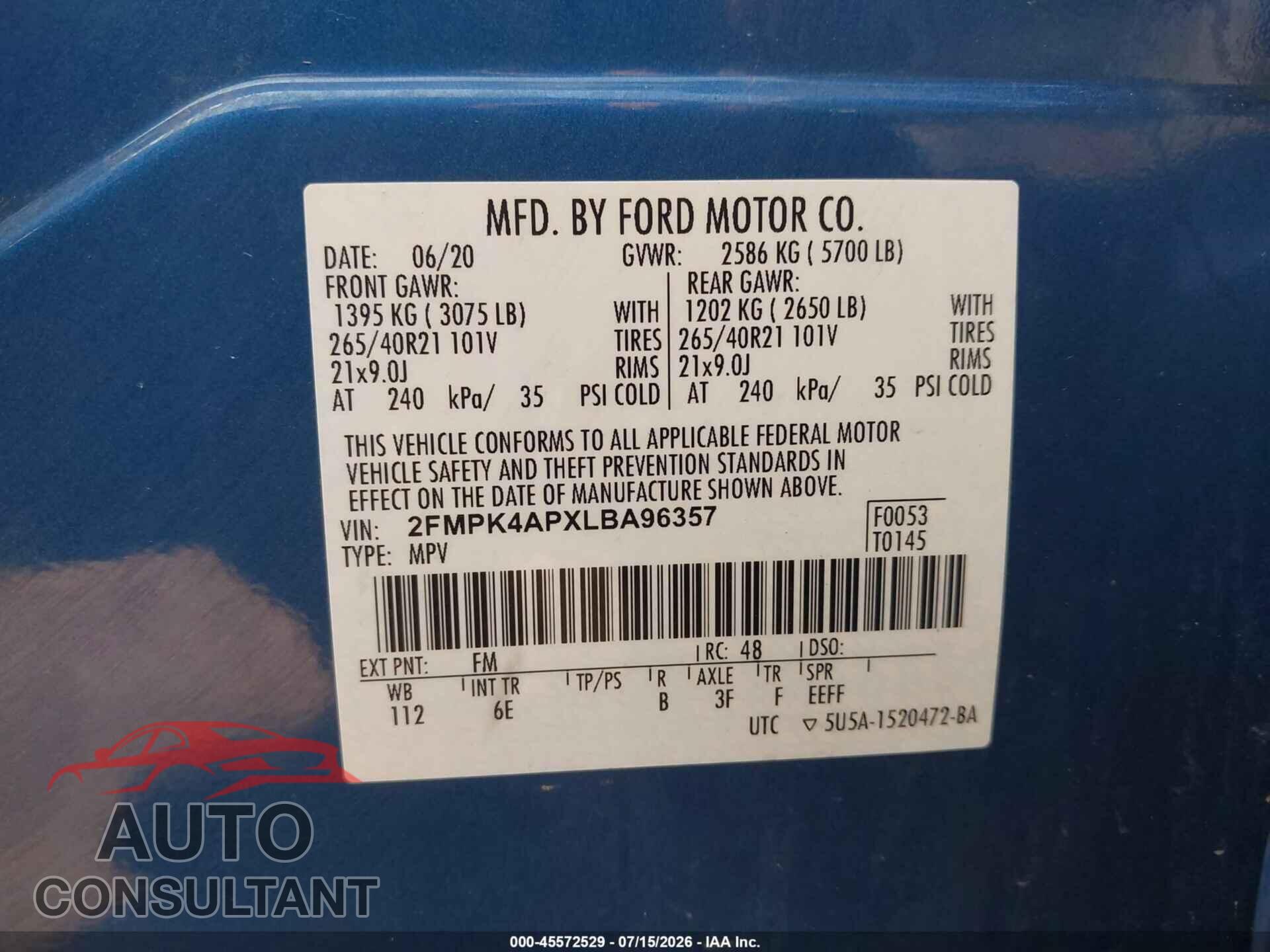 FORD EDGE 2020 - 2FMPK4APXLBA96357
