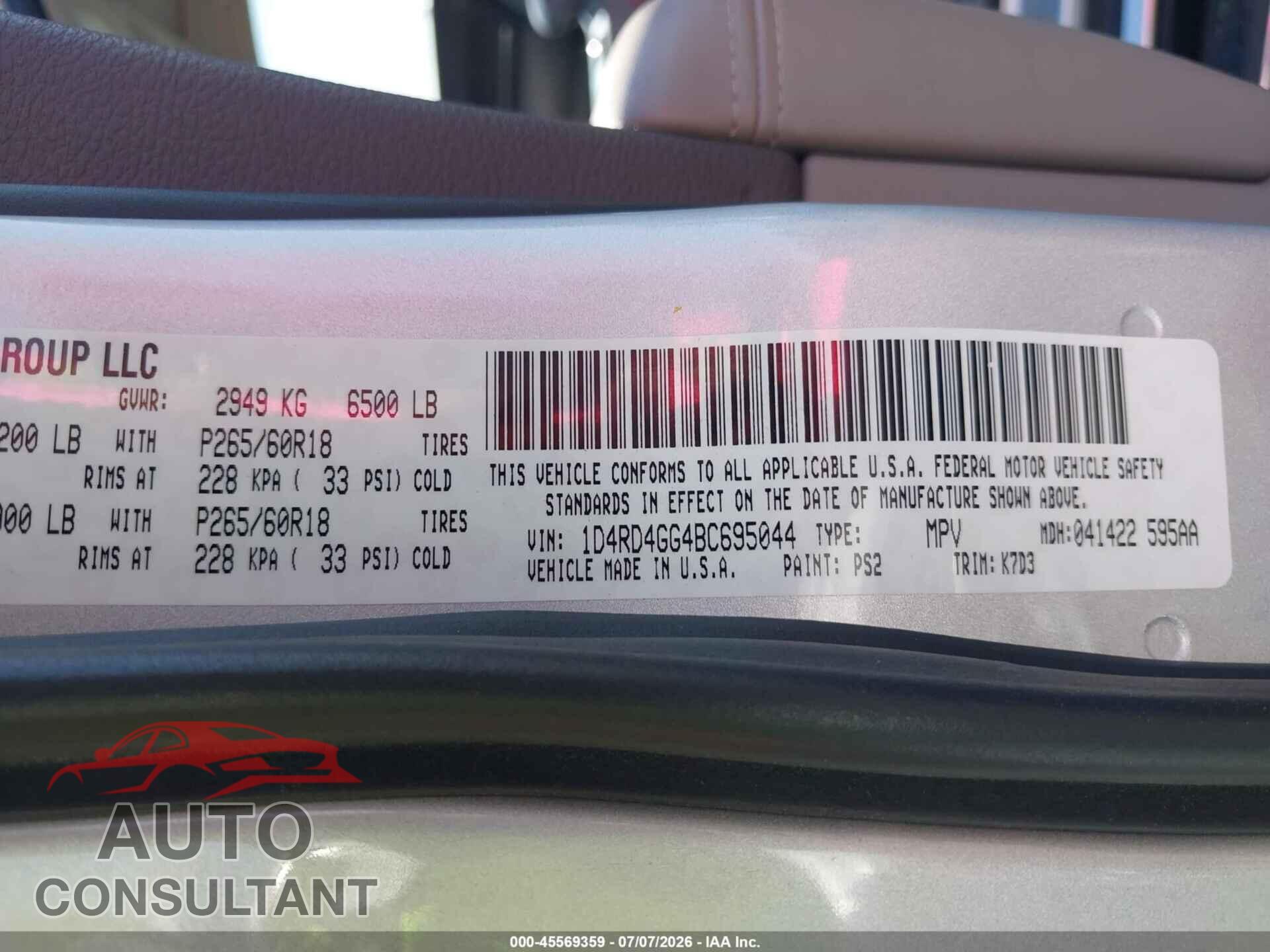 DODGE DURANGO 2011 - 1D4RD4GG4BC695044