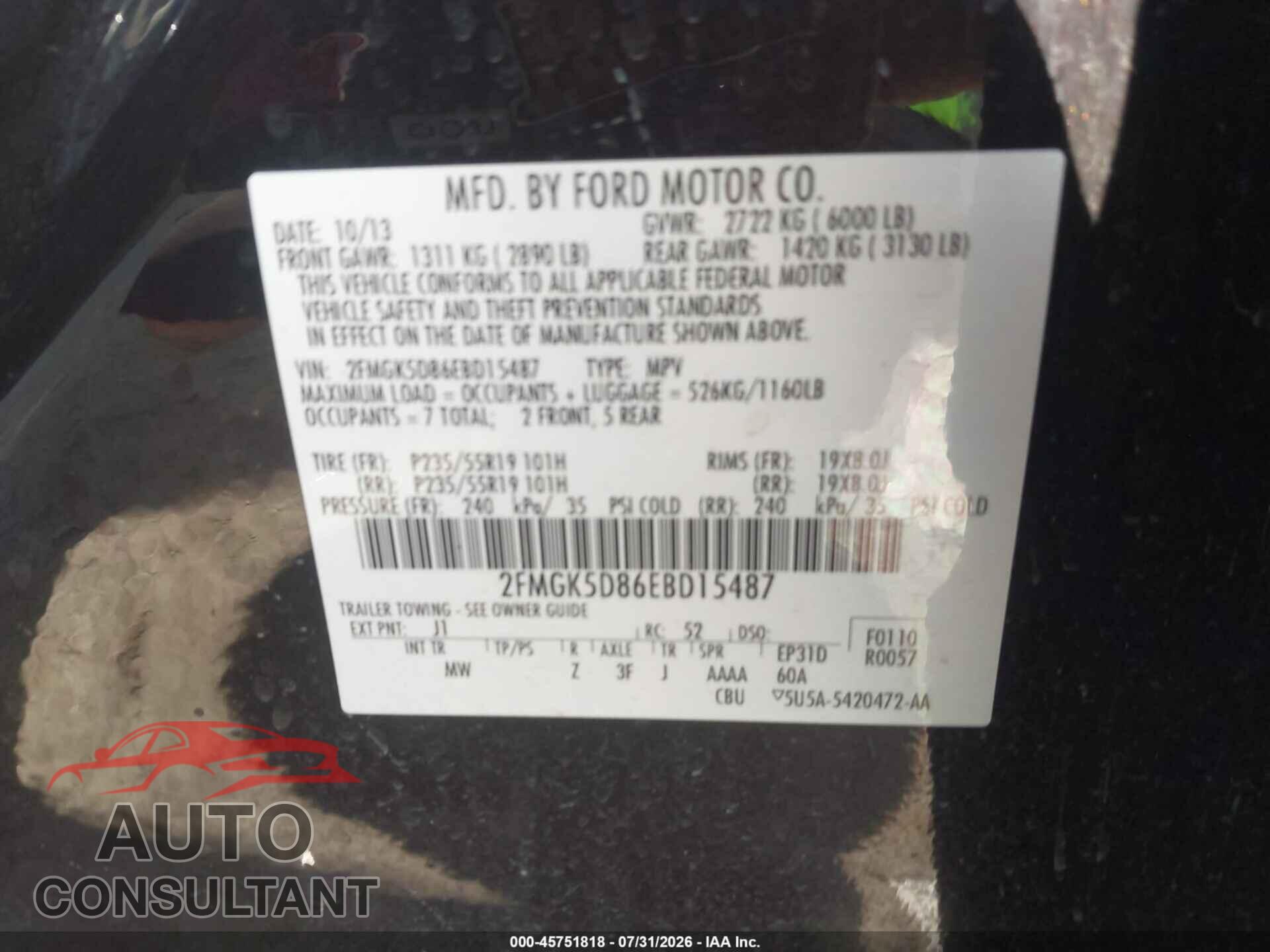 FORD FLEX 2014 - 2FMGK5D86EBD15487