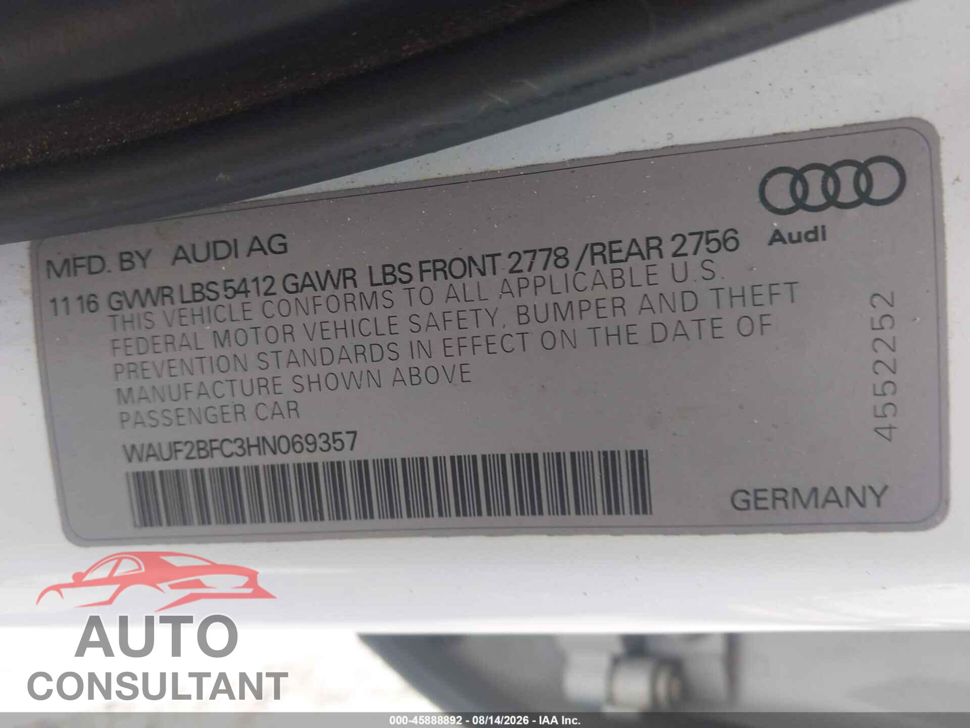 AUDI A6 2017 - WAUF2BFC3HN069357
